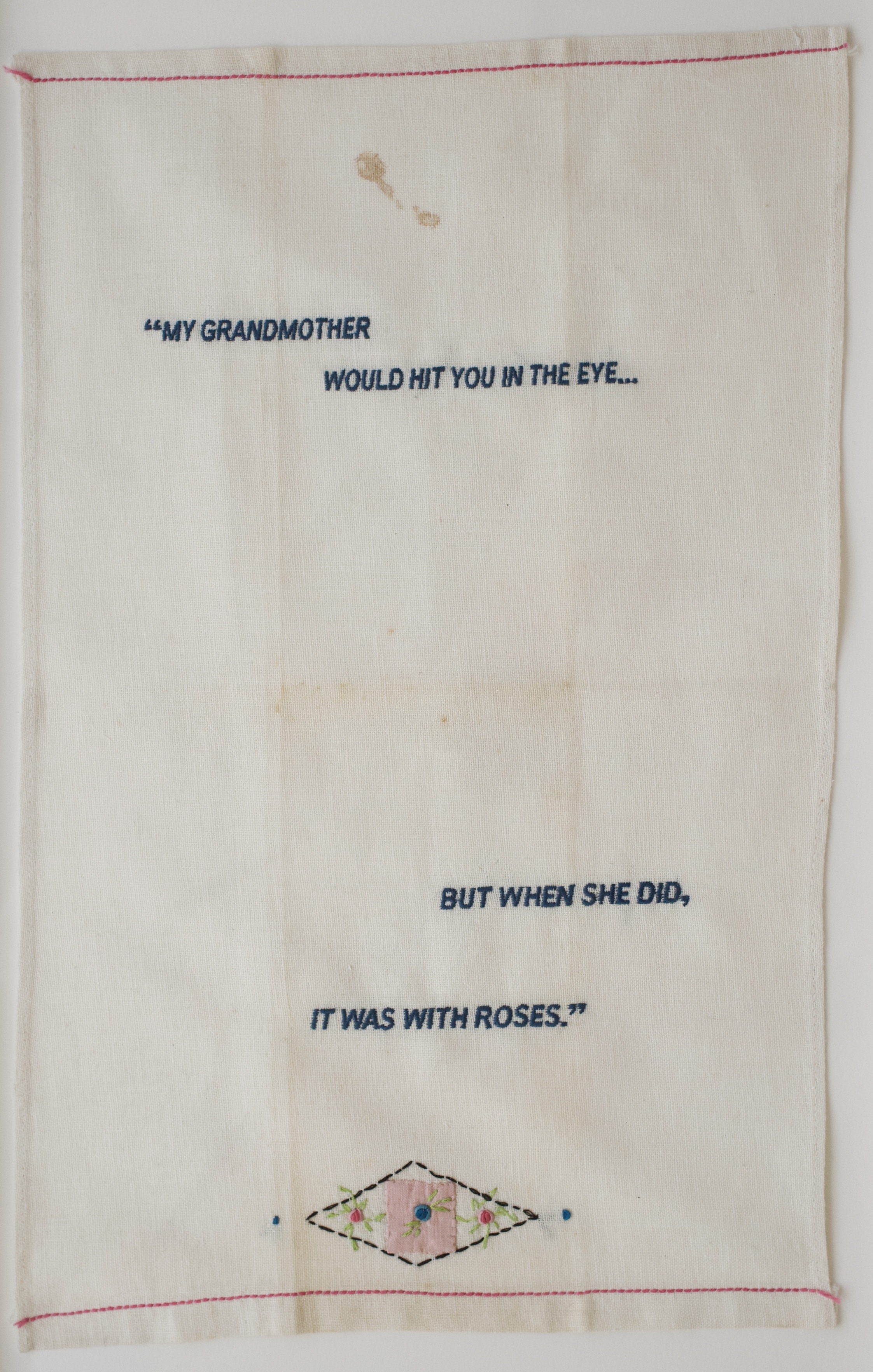 Zoë Buckman With Roses, 2018 Embroidery on vintage linen tea towel 20 x 13 inches Framed 24 x 16 inches
