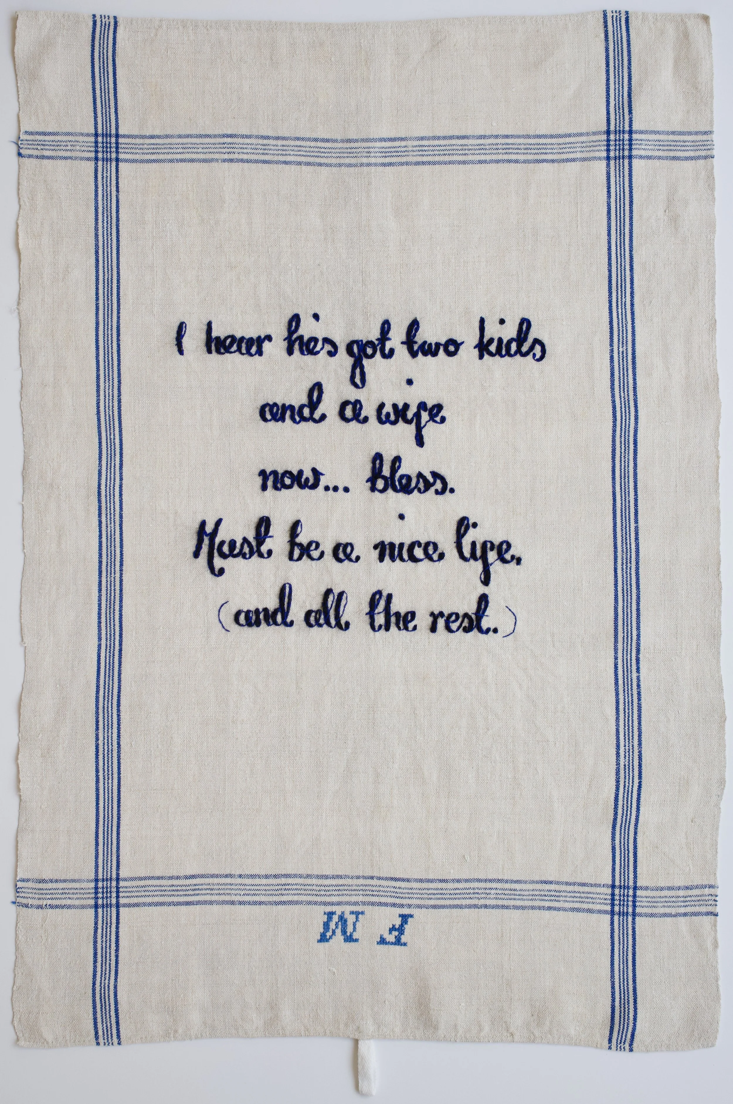 Zoë Buckman For Dollars, 2018 Embroidery on vintage linen tea towel 32 1/2 x 21 1/4 inches