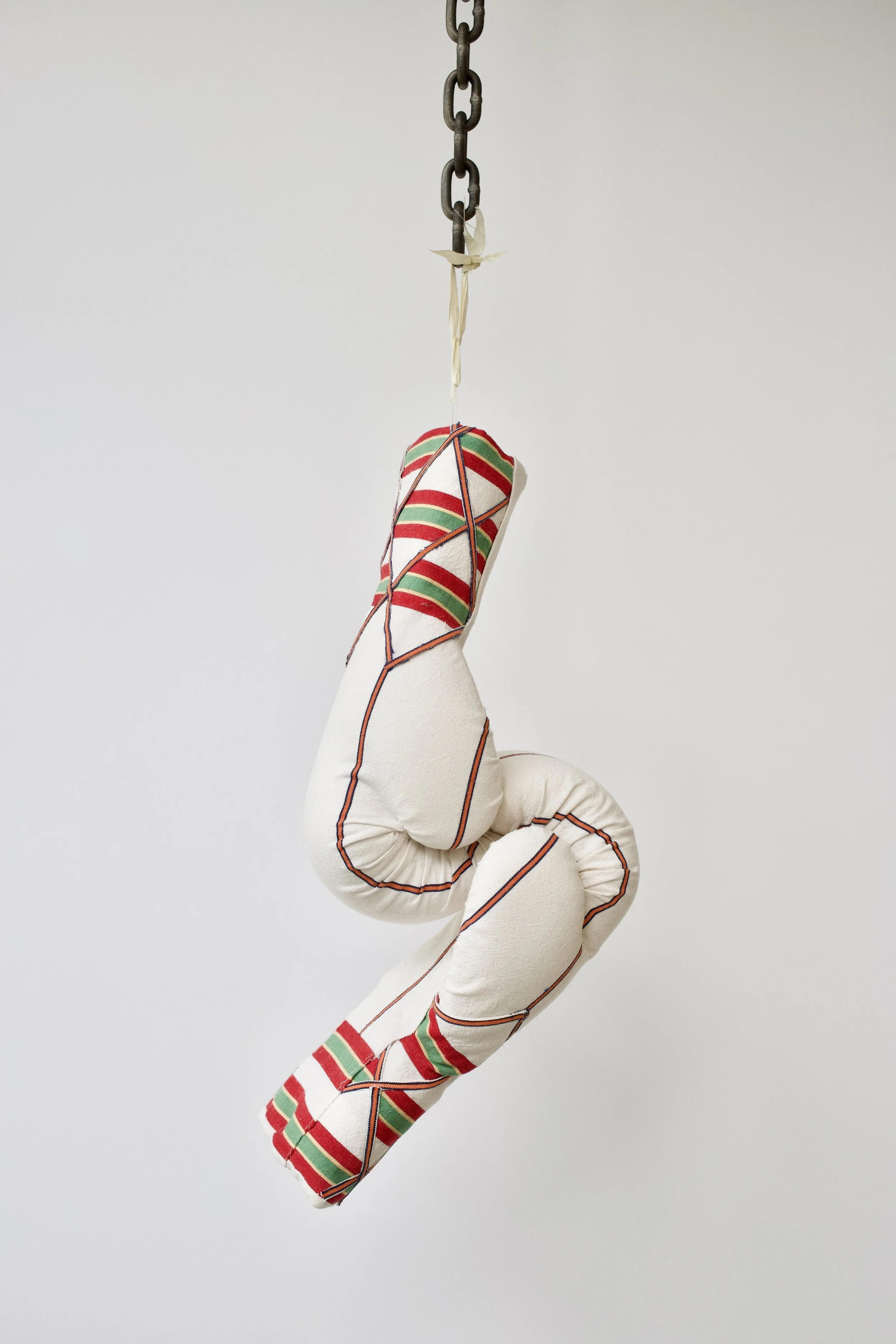 Zoë Buckman Kien A Hora, 2019 2 boxing gloves, vintage linen, chain 23 x 7 x 8 1/2 inches
