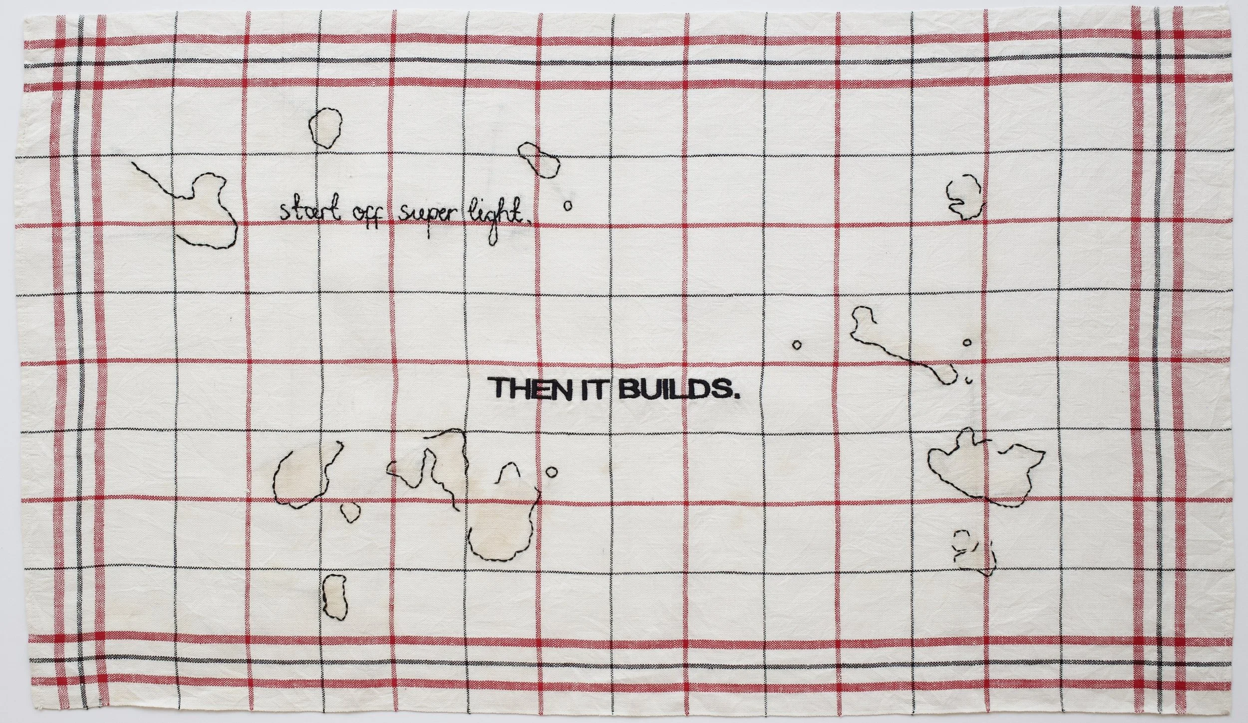 Zoë Buckman Then It Builds, 2018 Embroidery on vintage linen tea towel 17 x 29 inches Framed 20 1/4 x 32 3/4