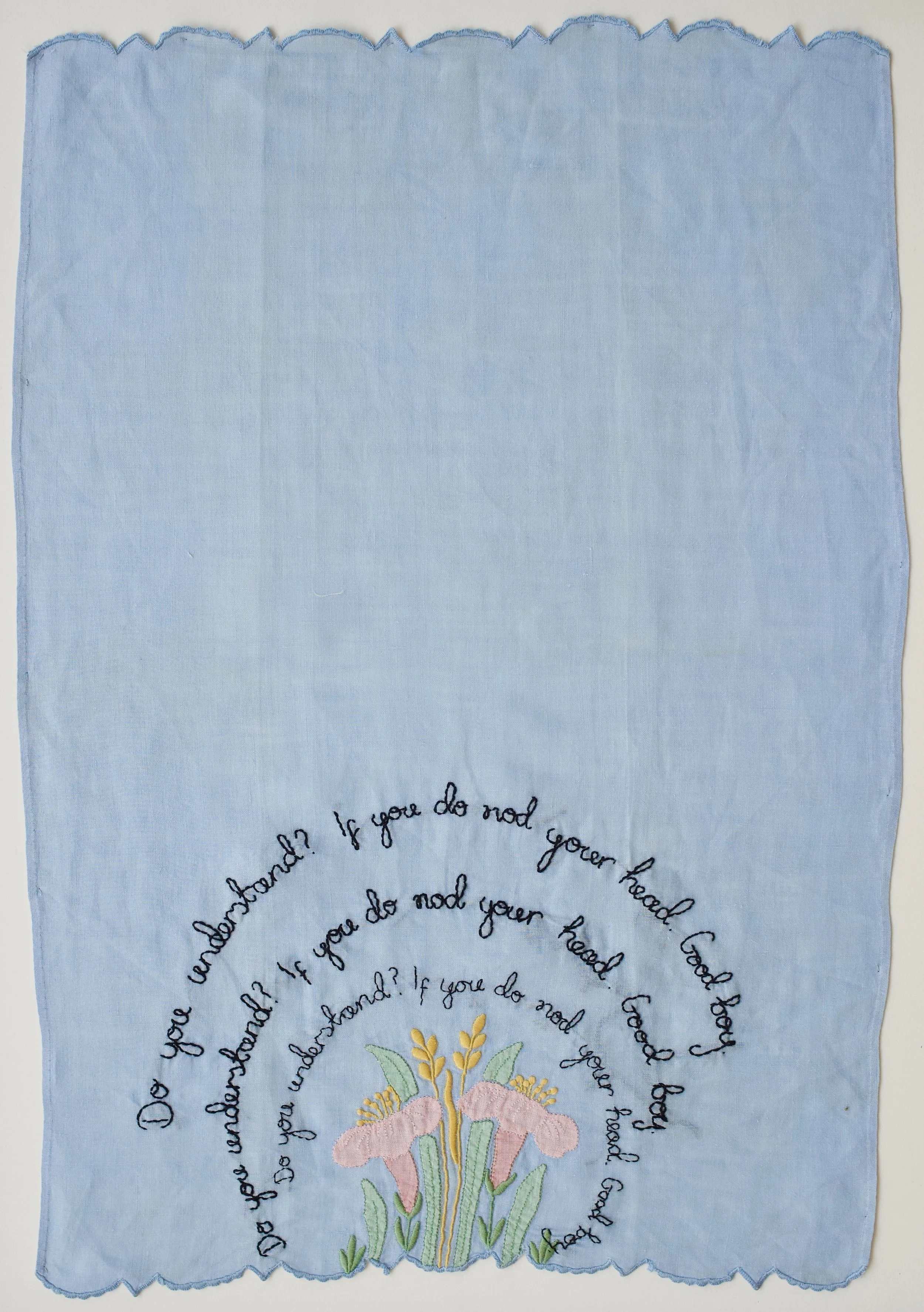 Zoë Buckman Good Boy, 2018 Embroidery on vintage linen tea towel 18 3/4 x 13 inches Framed 22 x 16 1/2 inches