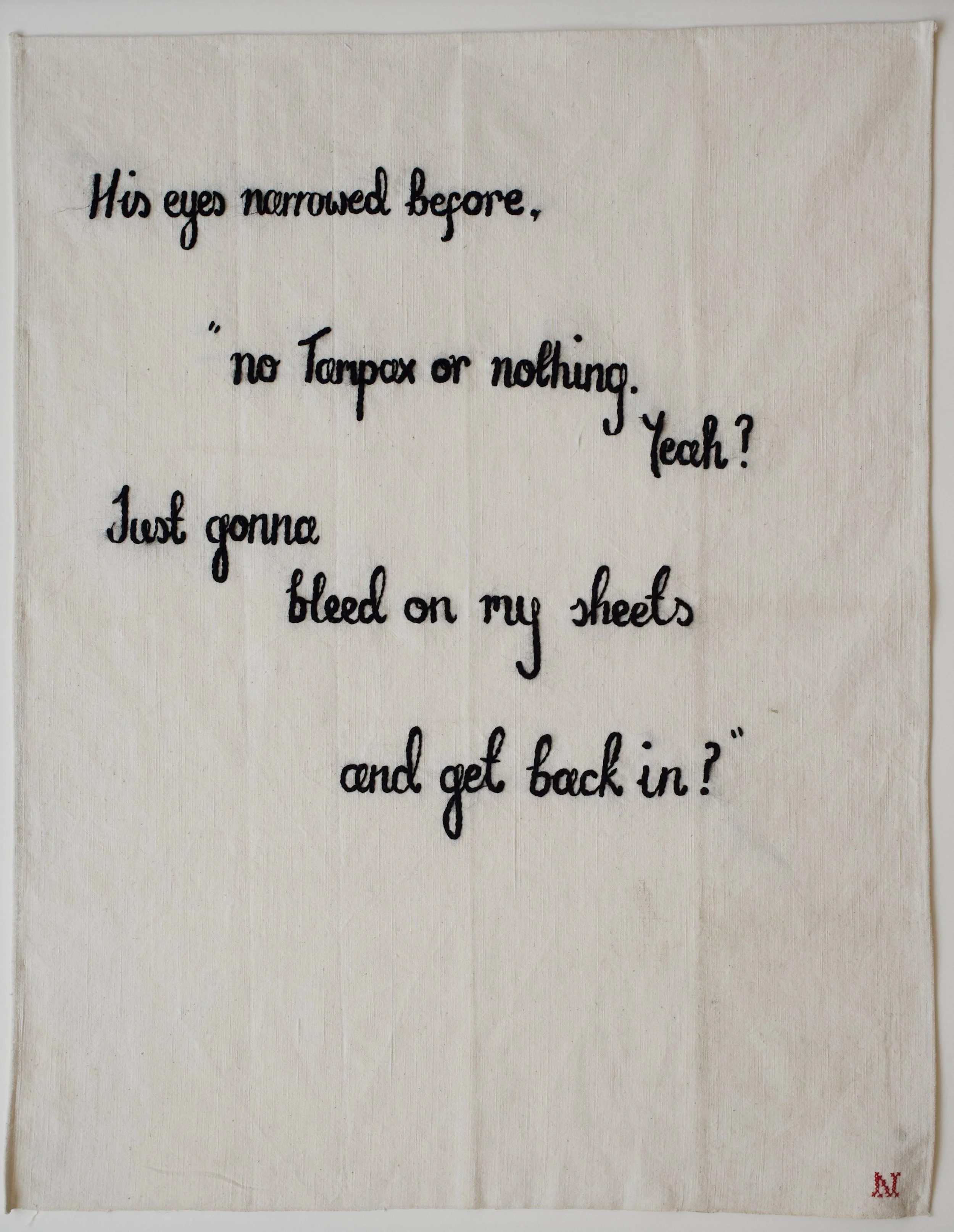 Zoë Buckman Get Back In, 2018 Embroidery on vintage linen tea towel 29 1/4 x 22 1/2 inches Framed 32 1/2 x 26 inches