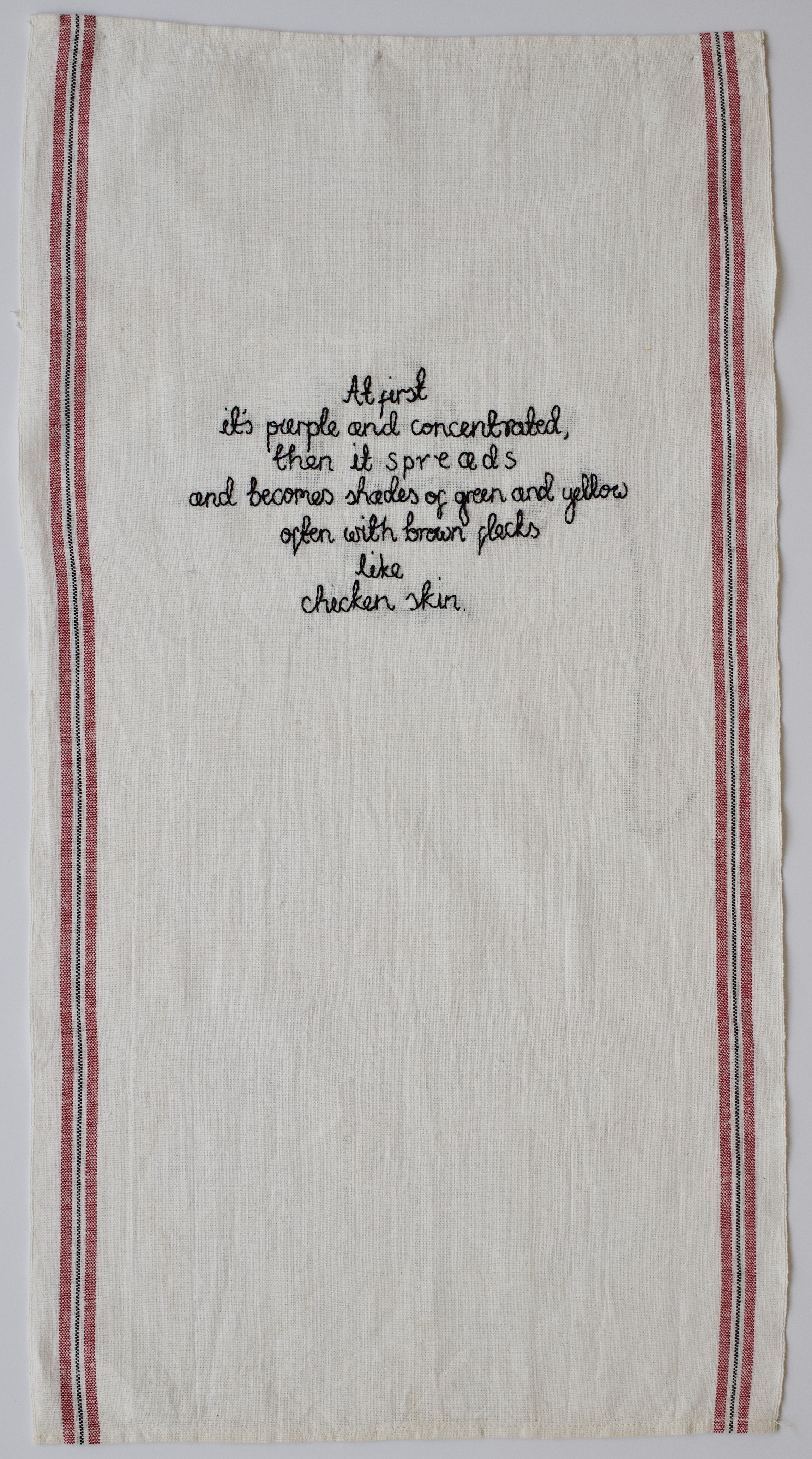 Zoë Buckman Liv, 2018 Embroidery on vintage linen tea towel 28 x 15 inches Framed 31 1/4 x 18 1/4