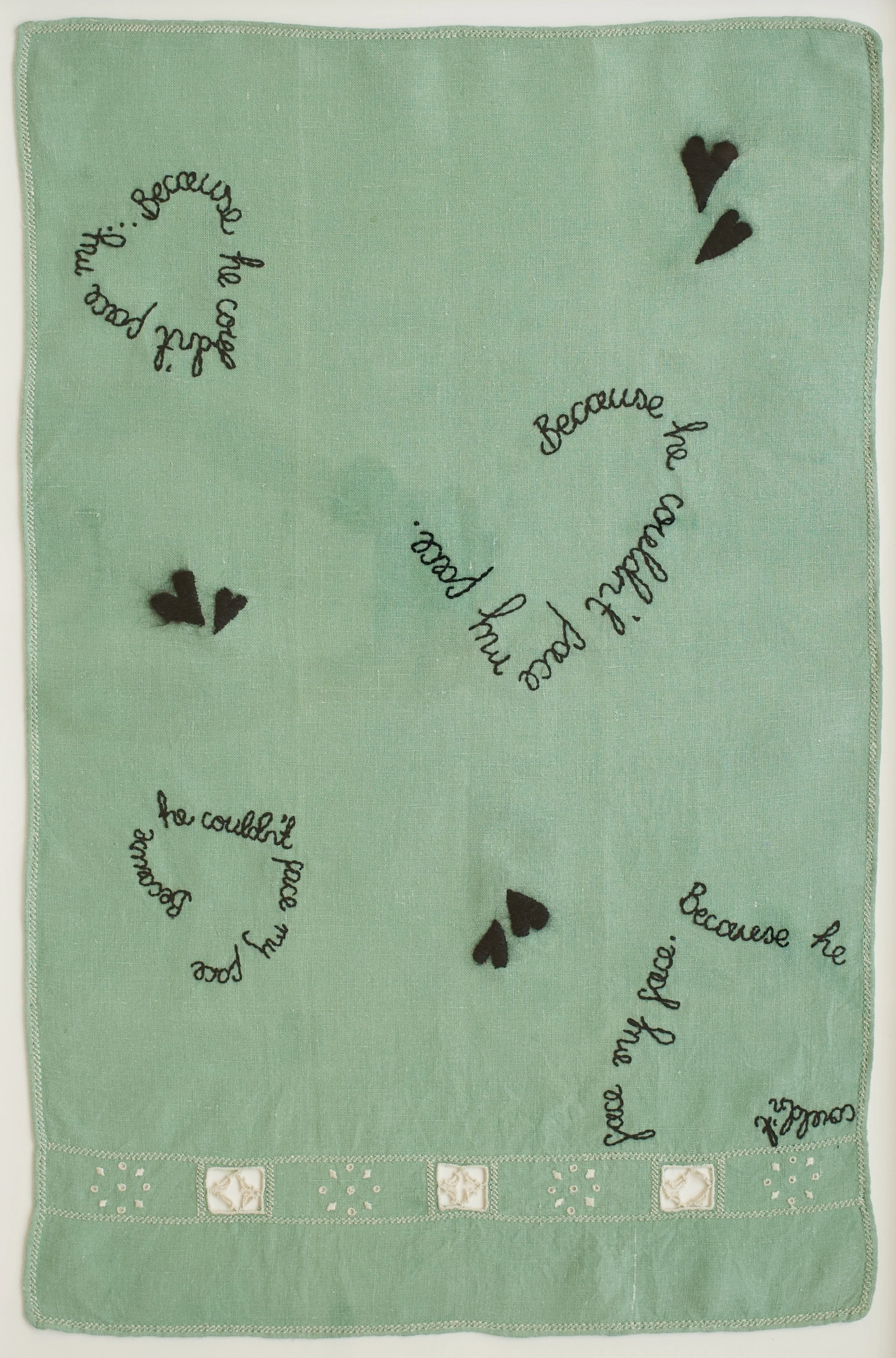 Zoë Buckman Because He Couldn’t Face Me, 2019 Embroidery on vintage linen tea towel 22 x 14 1/2 inches Framed 25 1/4 x 17 1/2 inches
