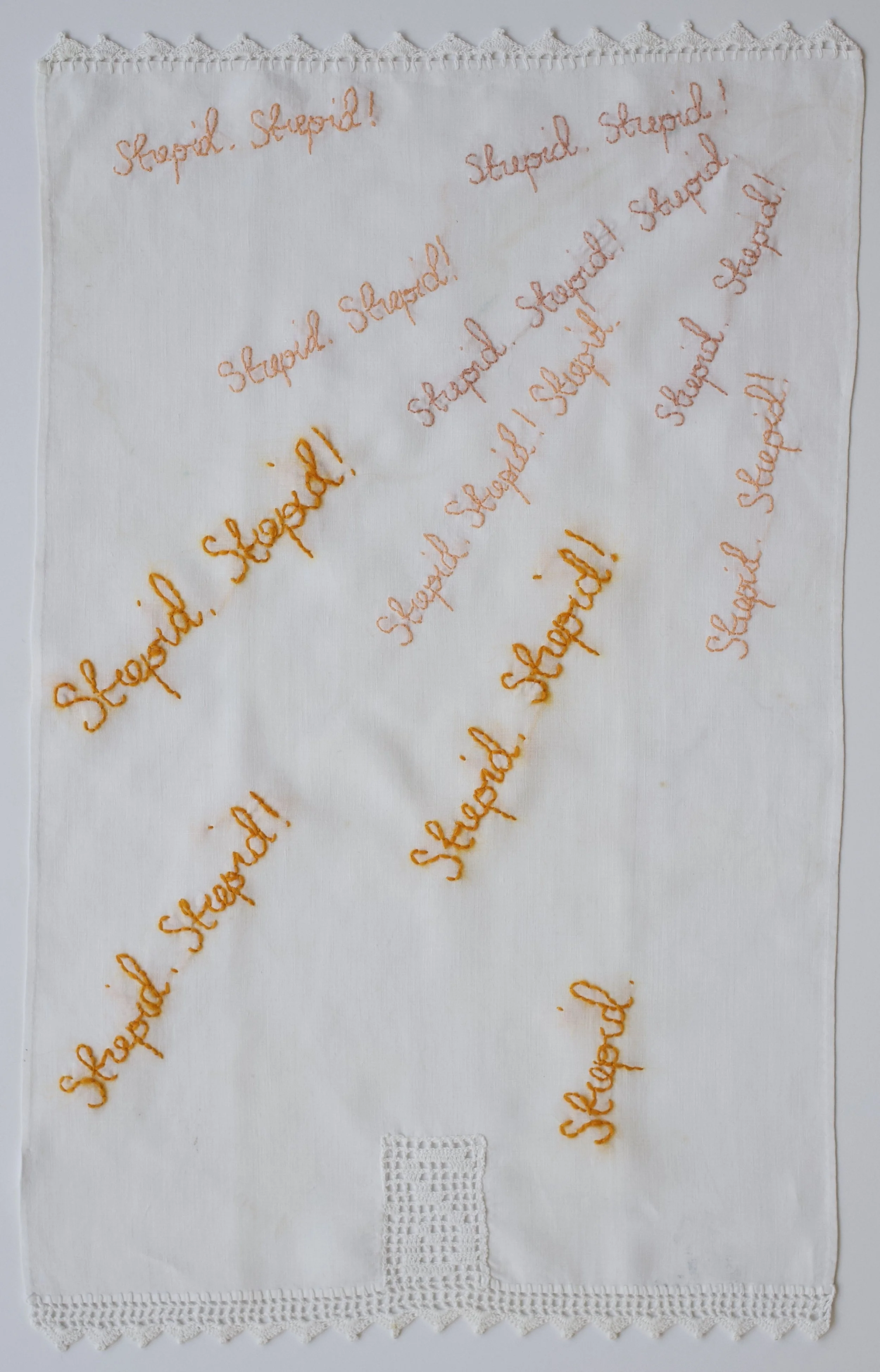 Zoë Buckman Can’t Believe I Was So Stupid, 2019 Embroidery on vintage linen tea towel 17 1/2 x 11 1/4 inches Framed 21 x 14 1/4 inches