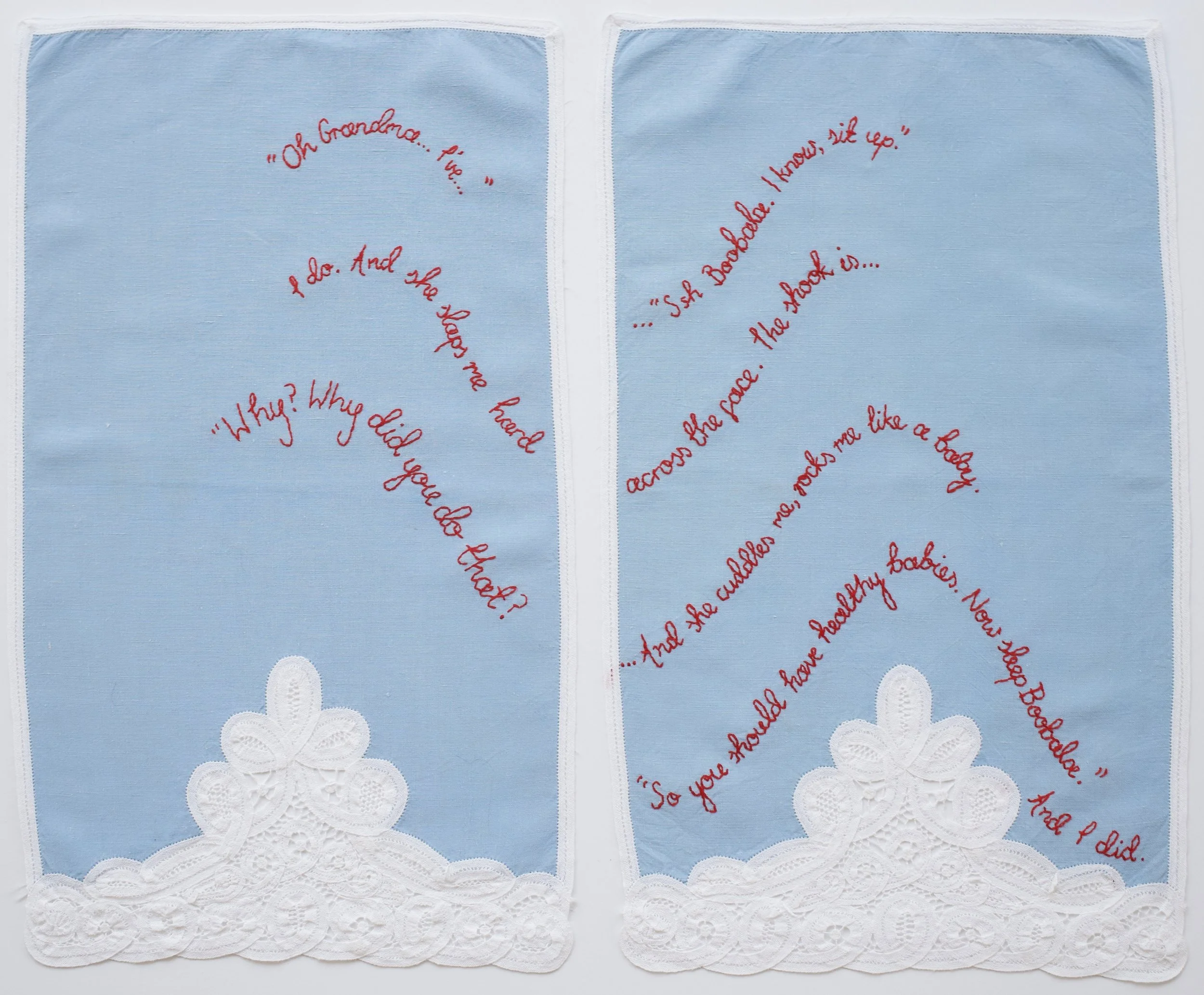 Zoë Buckman Ssh Boobala, 2019 Embroidery on vintage linen tea towels 18 1/4 x 22 inches Framed 21 3/4 x 25 1/2 inches