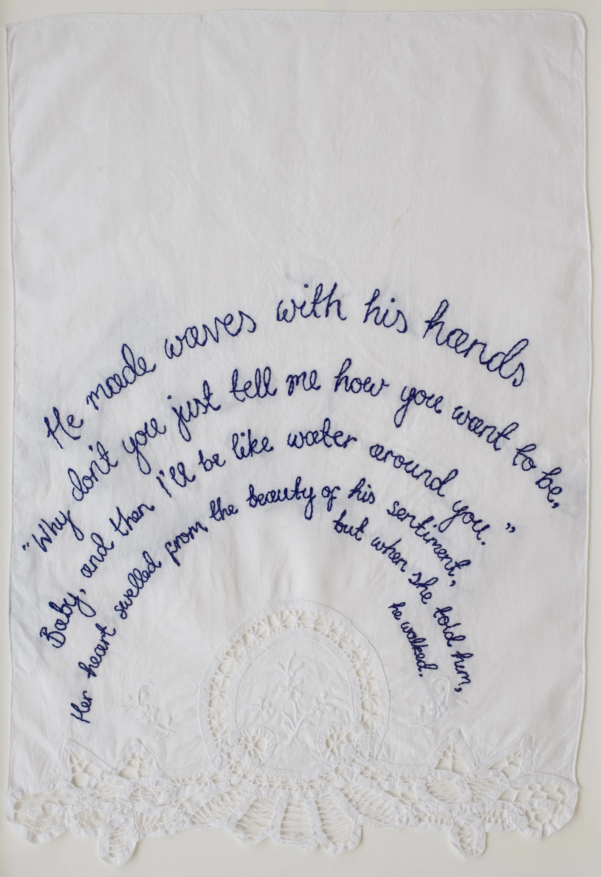 Zoë Buckman And Other Reasons She Hates October, 2018 Embroidery on vintage linen tea towel 20 x 14 inches Framed 23 3/4 x 17 inches
