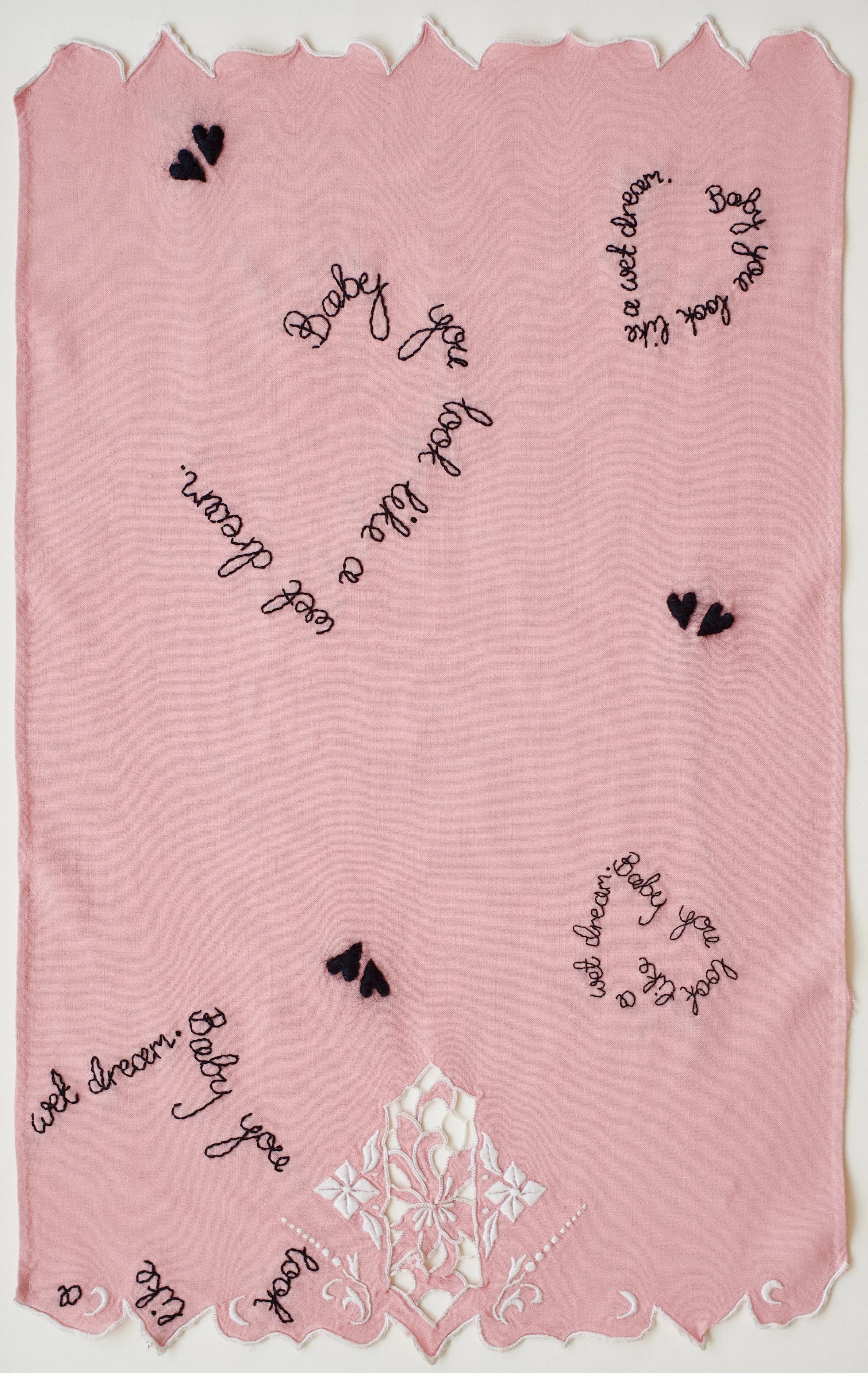 Zoë Buckman Molly, 2019 Embroidery on vintage linen tea towel 19 3/4 x 12 1/2 inches Framed 23 x 15 1/2 inches