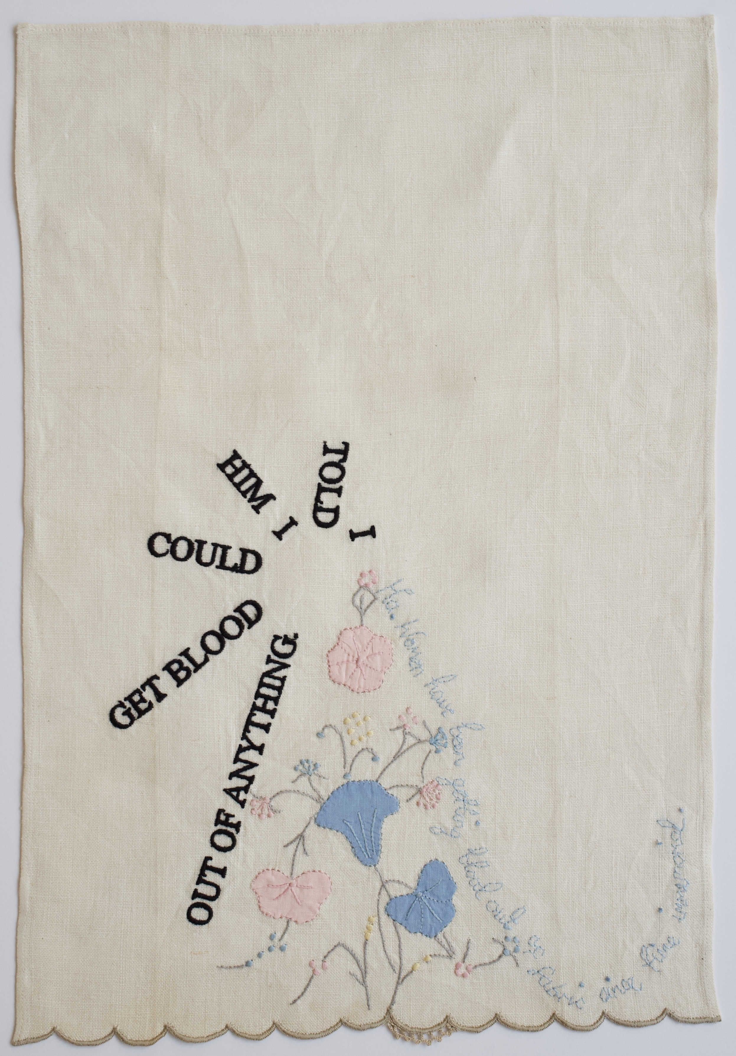 Zoë Buckman Get Blood Out, 2019 Embroidery on vintage linen tea towel 16 1/2 x 11 1/2 inches
