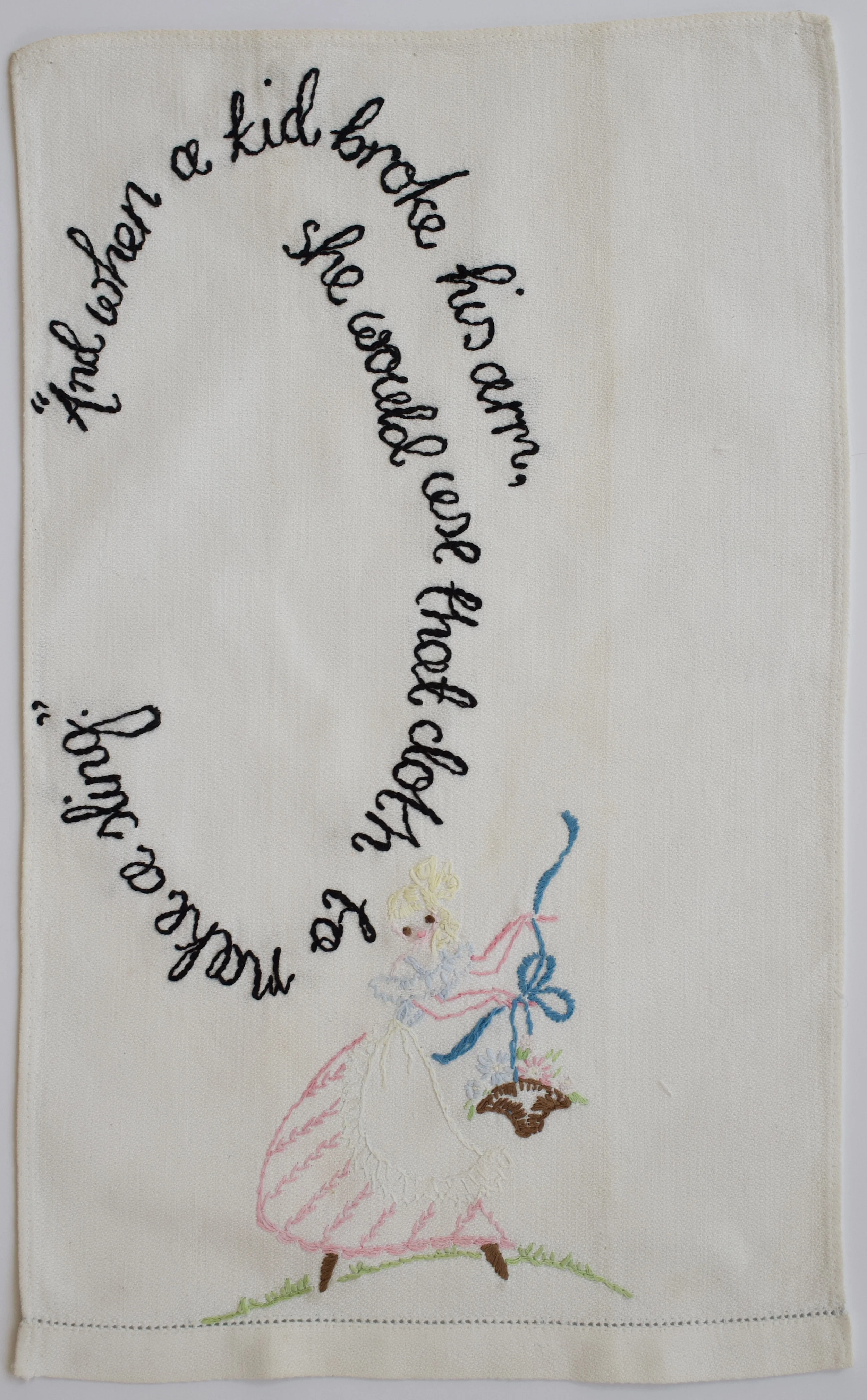 Zoë Buckman Sling Girl, 2018 Embroidery on vintage linen tea towel 17 x 10 1/2 inches Framed 20 1/2 x 13 3/4 inches