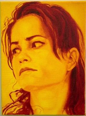 Study in Gold and Crimson for “SYNERGISTIC ADVERSARIES: Inka Essenhigh, Artist," Oil on Canvas, 12 h” x 9” w, 2004