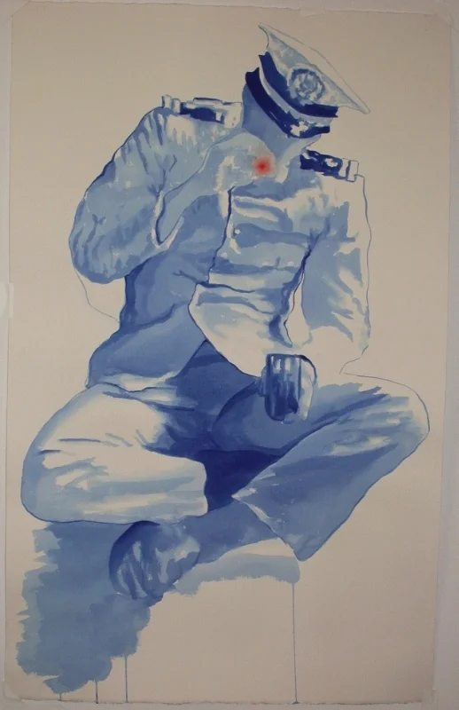 "Gianni Motti in Performance at the Swiss Institute #1,  Acrylic on Arches Paper 40"h x 26"w, 2003