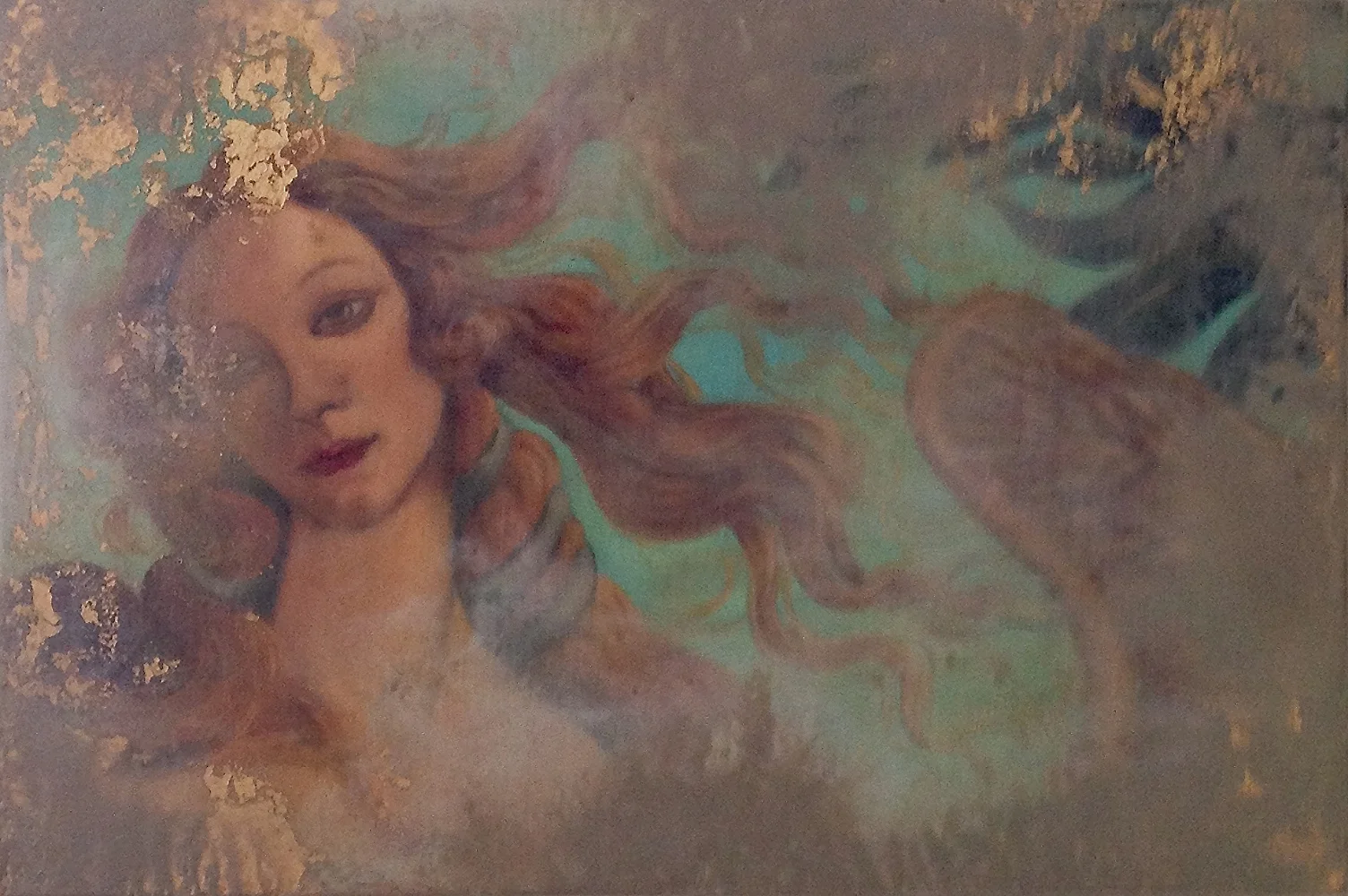 “OBLITERATIONS: Twilight of the Gods: Simonetta & the Swan, after Botticelli,” Oil with Encaustic and gold leaf on Canvas mounted on Wood Panel, 18”h x 24”w, 2000