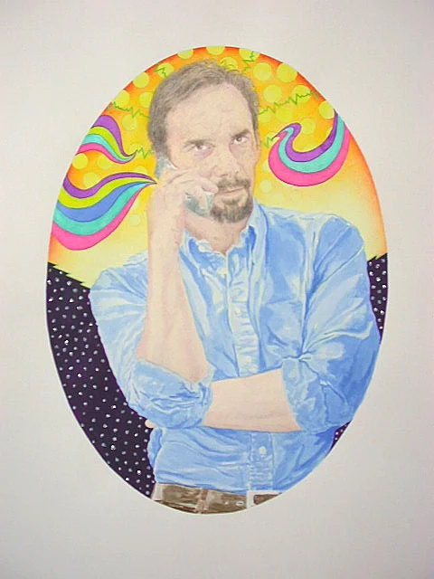 "CAMEO: Lawrence Rinder • Curator, Whitney Museum of American Art, NY," Watercolor, Glitter, Acrylic Ink, Colored Pencil on Paper, 30” h x 22” w, 2004