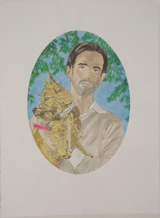 "CAMEO: Todd Hutcheson with Gus • Private Art Dealer, Consultant," Watercolor, Acrylic Ink, Colored Pencil on Paper, 30” h x 22” w, 2003