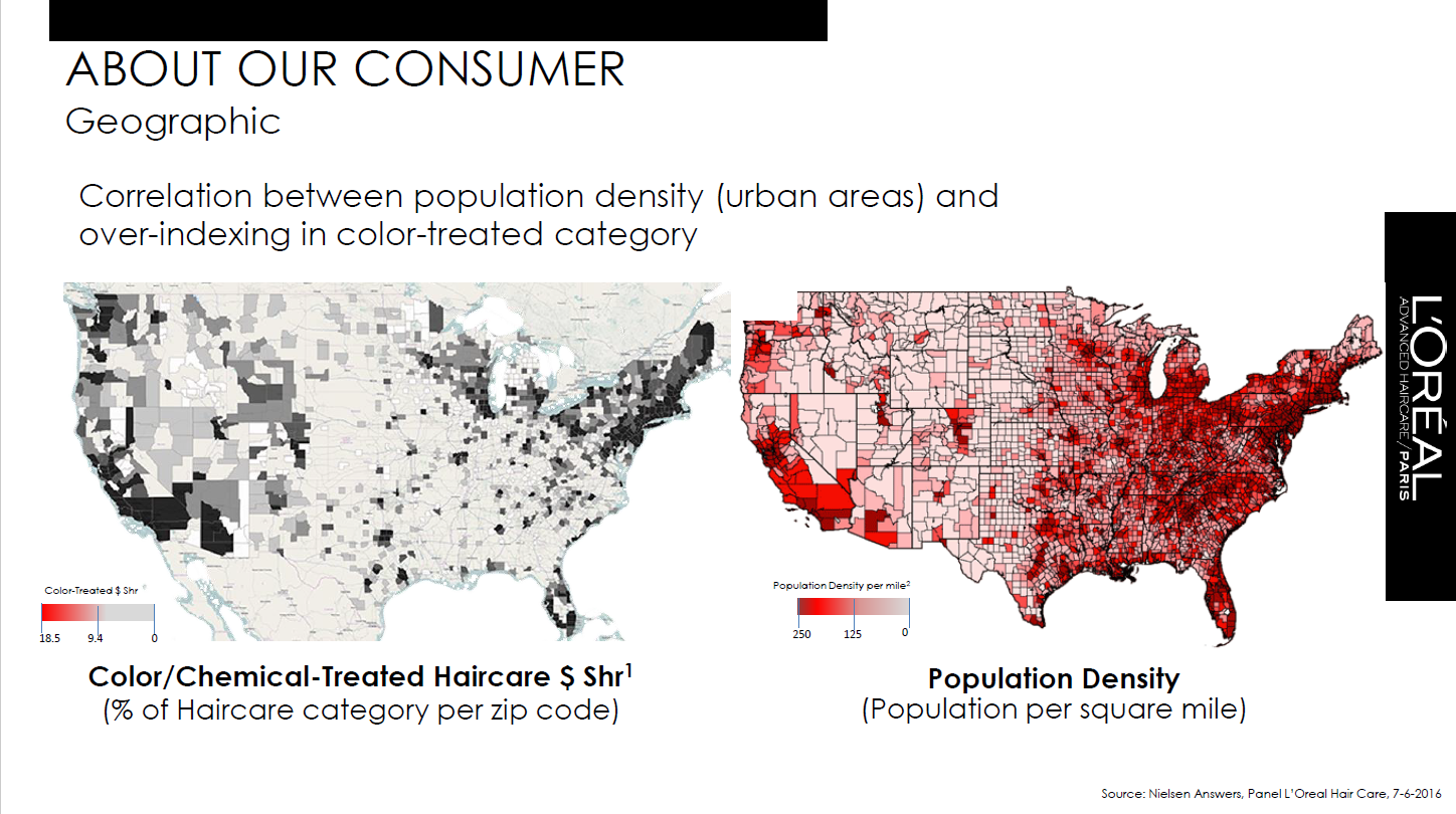  Heatmapping over-indexing in color-treated hair products (% of all hair care) vs population density, confirming its popularity in cities &amp; identifying where to target media. 