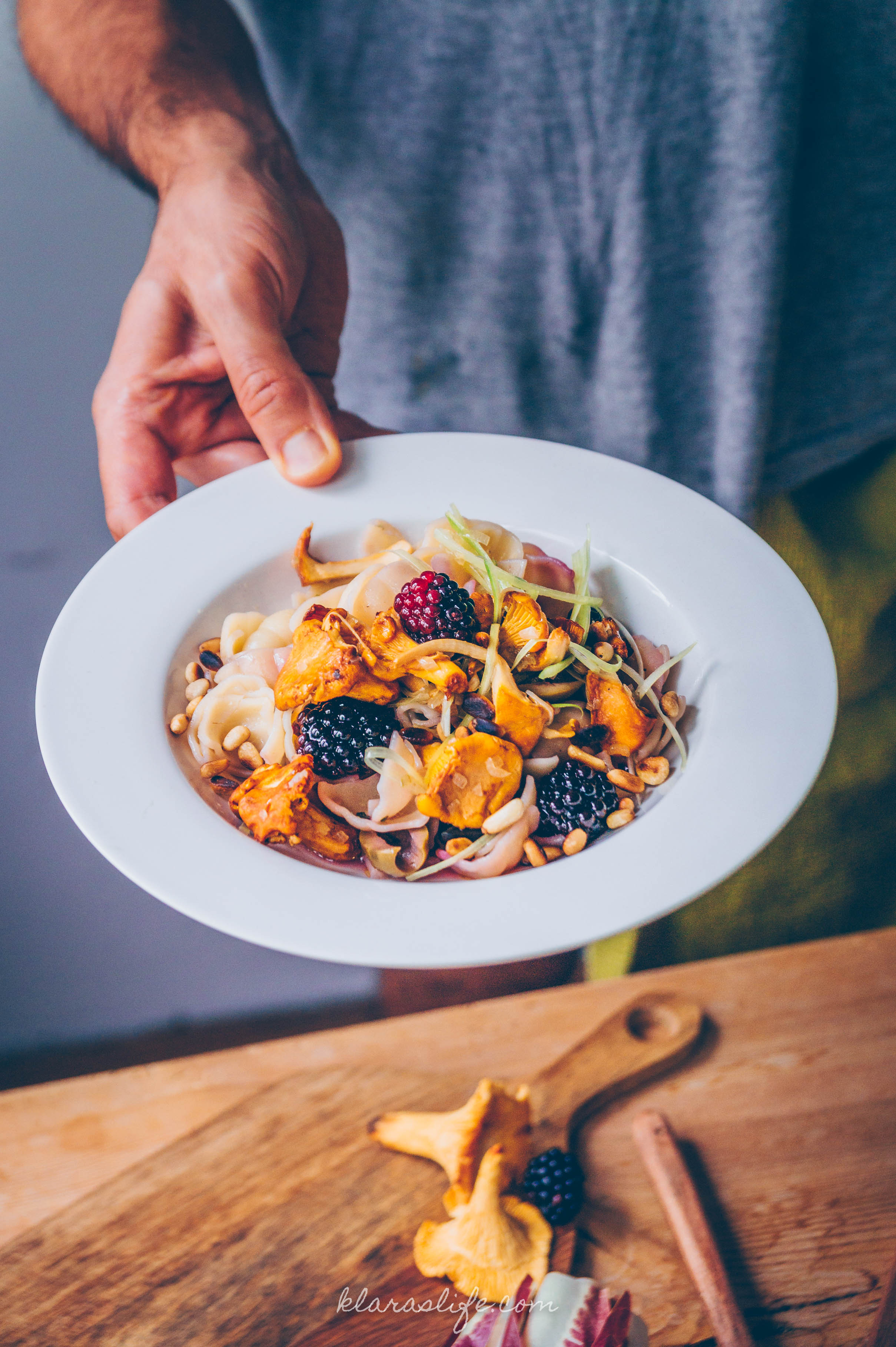 Chanterelles with Pasta and Blackberries