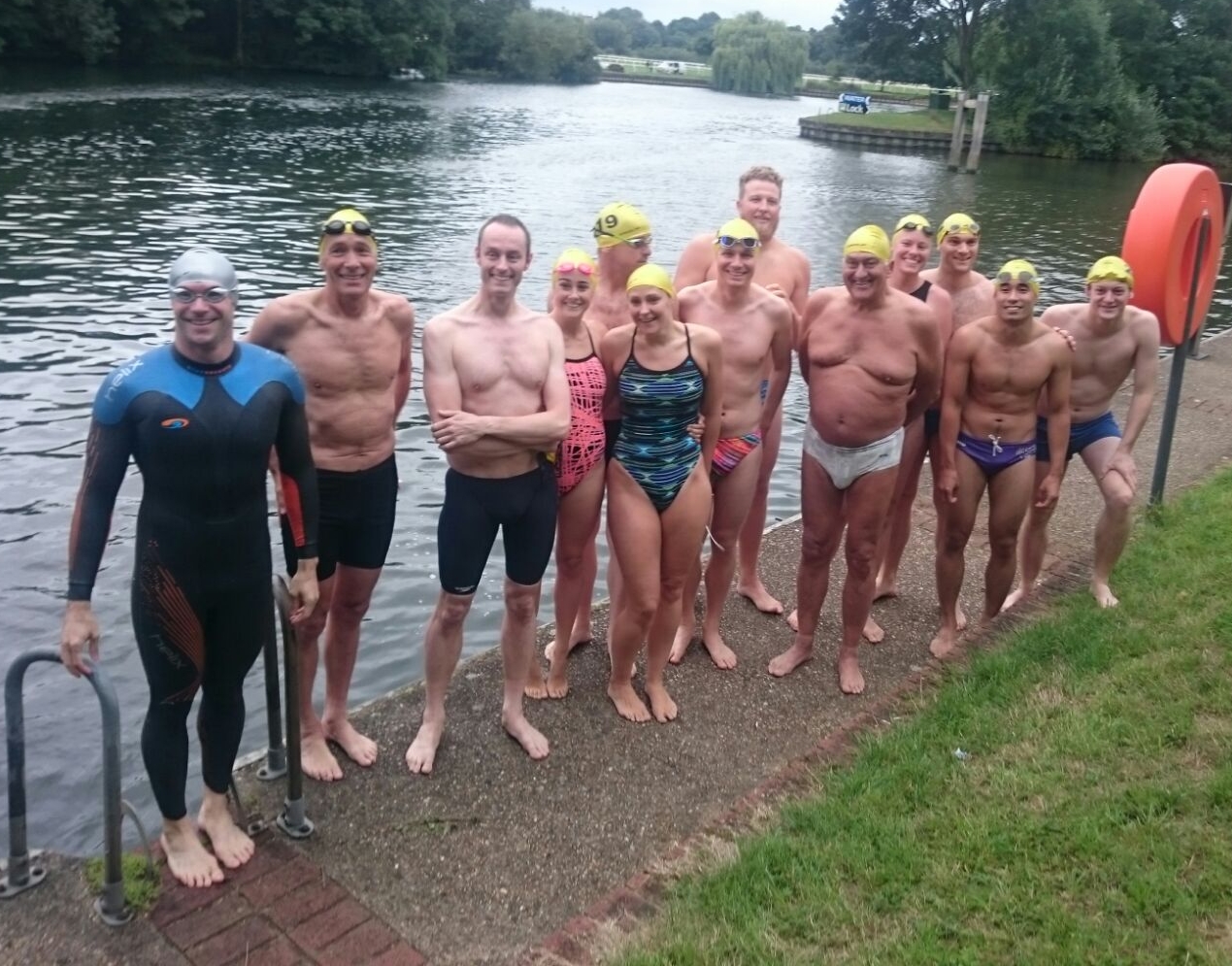 13 swimmers at the start of the Otter Mile