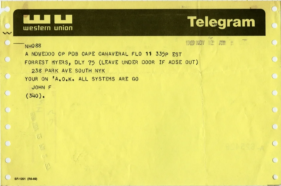 Telegram confirming that the Moon Museum was secretly placed on the Apollo XII lander.