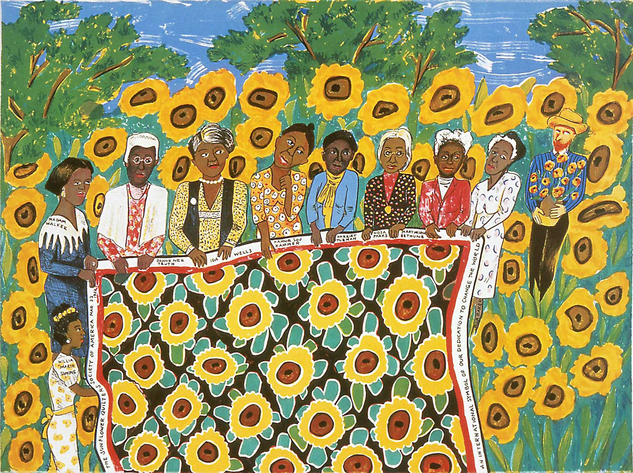 Faith Ringgold, The Sunflower Quilting Bee at Arles, 1996, Nine-color lithograph, 22" x 30", Polk Museum of Art Permanent Collection 1997.17, Museum Purchase through the General Acquisition Fund, Faith Ringgold © 1996