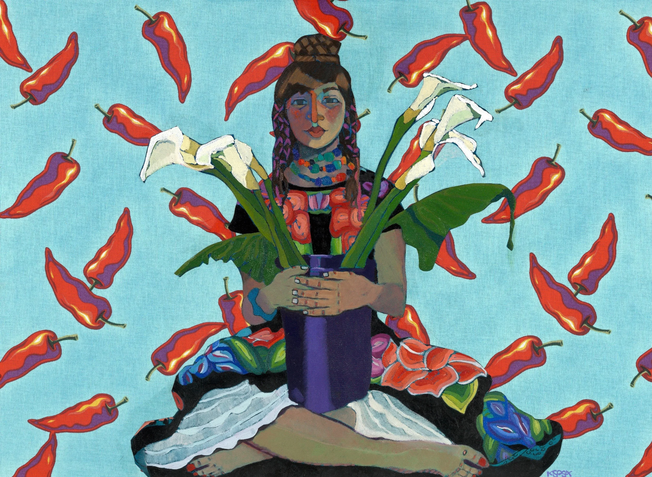Kathy Sosa, Chile Lillies, Huipiles, 2007, 36" x 50", Oil portrait collage