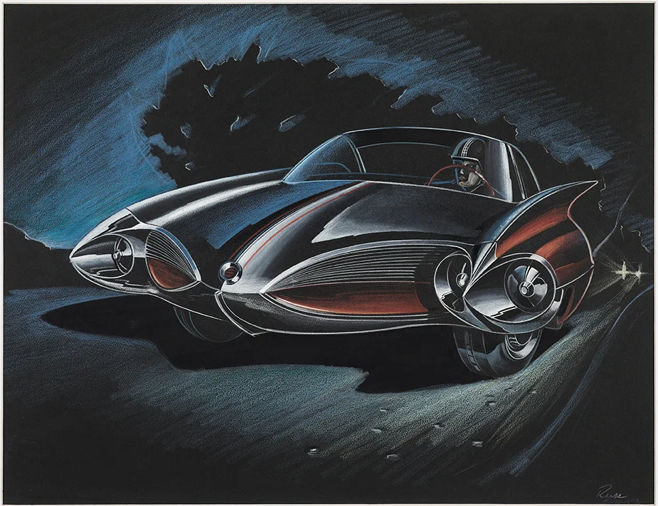 Design Proposal: Two Door Sports Car, Elia Russinoff, 1953, Colored pencil on black paper, From the Jean S. and Frederic A. Sharf Collection