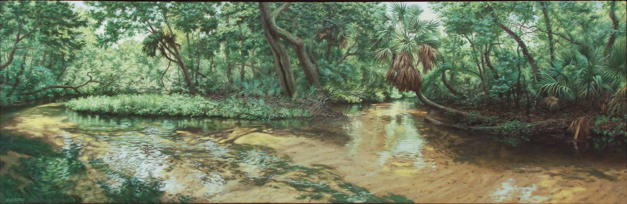 Hansen Mulford, Woods near Jupiter Springs, 1990, Oil on linen, Polk Museum of Art Permanent Collection 1990.89, Gift of the friends of Selma and Lester Wishnatzki in honor of their 50th wedding anniversary