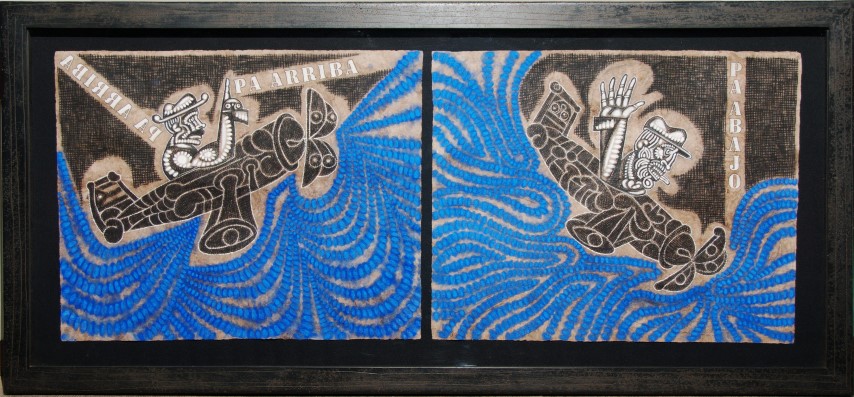 Carlos Luna, Pa arriba - Pa abajo, 2007, Gouache and charcoal on amate paper, Polk Museum of Art Permanent Collection 2010.3, Gift of Dr. Emilio and Ada Montero © Carlos Luna