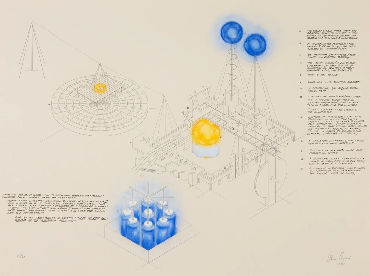 Alice Aycock, How to Catch and Manufacture Ghosts , 1981, Photo-etching and watercolor (XVII/XXX), Polk Museum of Art Permanent Collection 2002.21.1, Gift of Norma Canelas and William D. Roth.