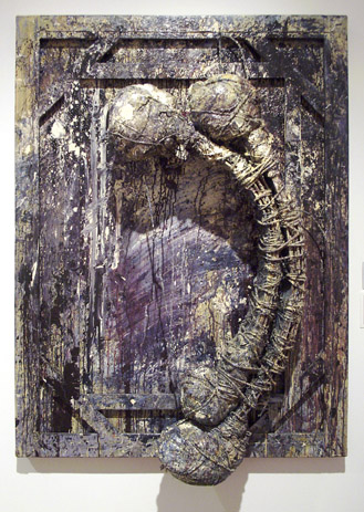 David Maxim, Time's Speed, 1990, Acrylic on wood, canvas, cotton bags, twine, rope, metal fittings, and Styrofoam, Gift of Kelly Horner, Polk Museum of Art Permanent Collection 2001. 18.1
