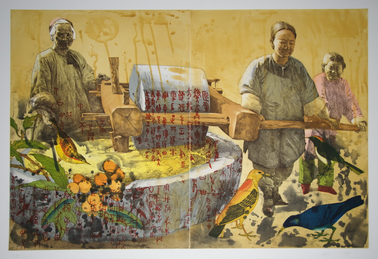 Hung Liu, Working Women: Millstone , 1999, Color softground and spitbite aquatint etching with scrape and burnish, Polk Museum of Art Permanent Collection 2007. 9.2, Purchased through the Art Resource Trust © Hung Liu
