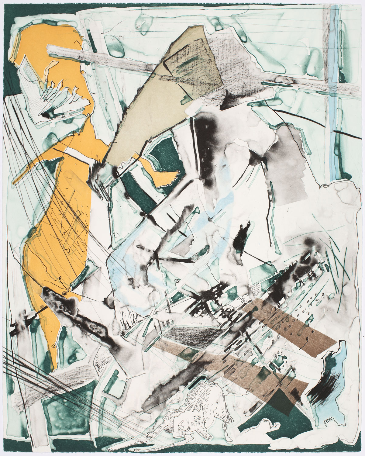 Iva Gueorguieva, Mute Walk , 2015, 3-run, 6-color direct gravure with aquatint, spit bite aquatint and drypoint, Polk Museum of Art Permanent Collection 2016.7, Purchased with funds donated in honor of Livia Rey Justice © Iva Gueorguieva