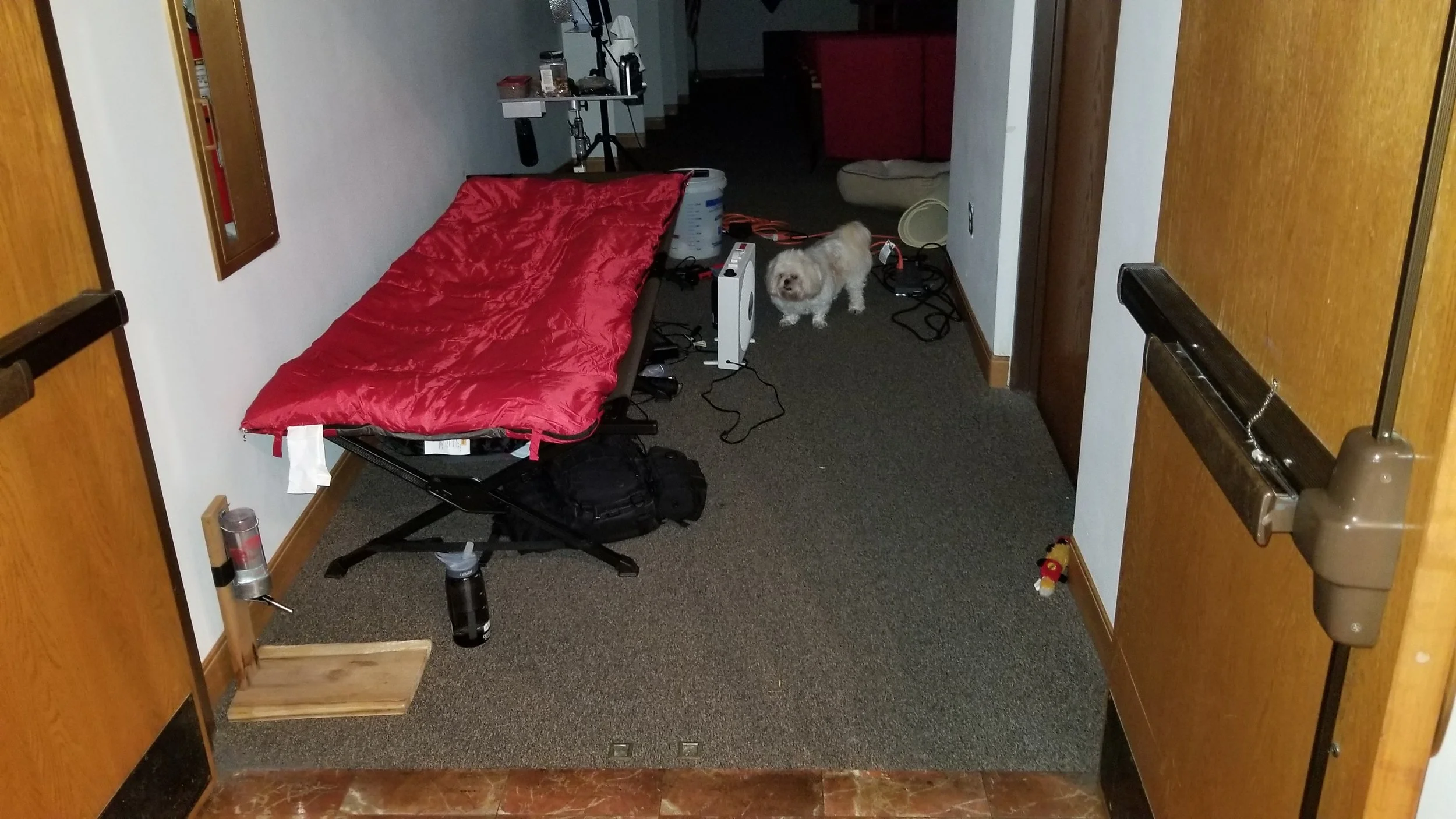 My Home for 5 days. Paisley and I slept in the entrance to the Auditorum. 