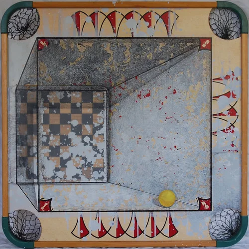 Michiko Fujii Fowler, Gaming the Frame , 2015, Mixed Media, 28 x 28 inches, Courtesy of Michiko Fujii Fowler.