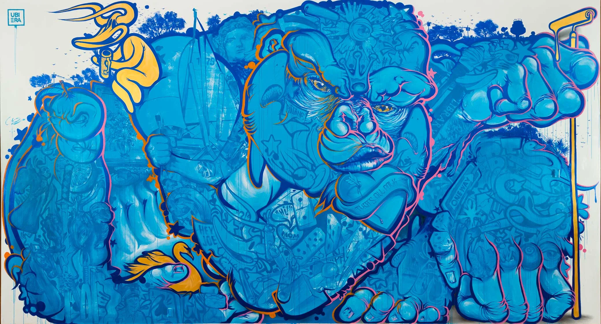 RUBEN UBIERA, MONKEY BUSINESS , PAINTED MURAL, 16' X 24'.