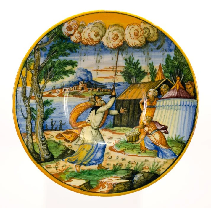 Plate depicting the fall of manna , 16th century, majolica, Gift of DR. Jane Carver Holmes, PMA Permanent collection 1975.2.1