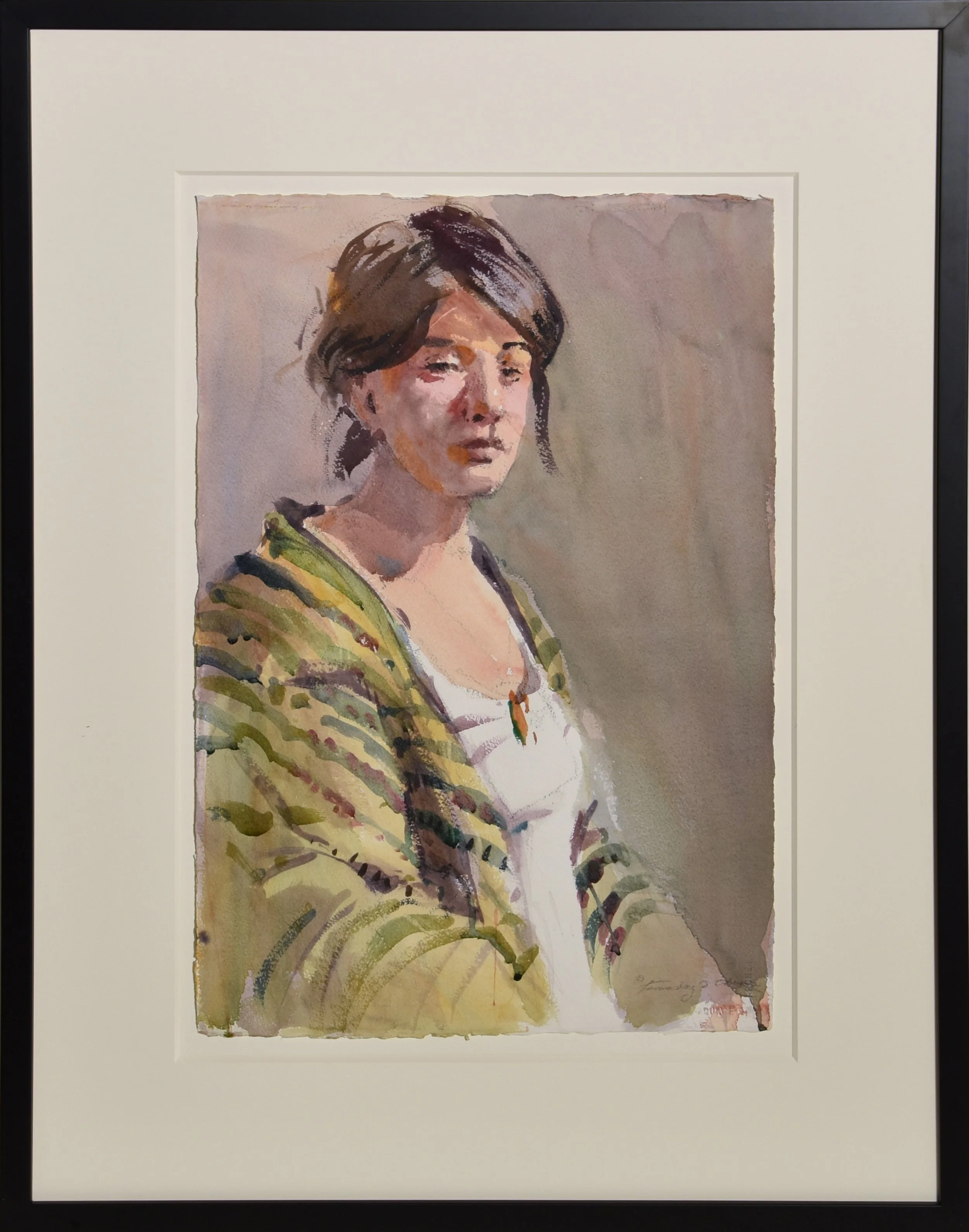 Model in Green Striped Robe
