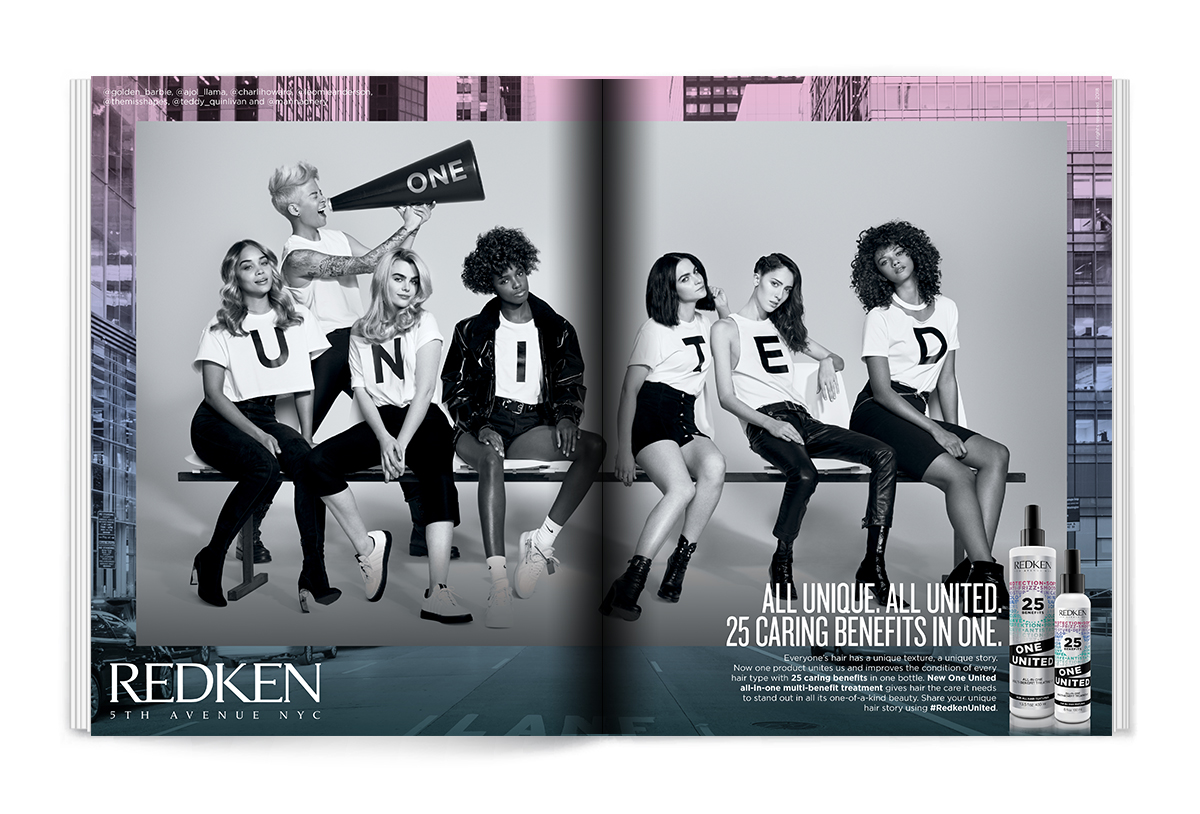 REDKEN ONE UNITED AD CAMPAIGN 2018 art directors: adam snyder and eva ja creative directors: tyler ochs and jordan craddock designer: krys ha hair: guido palau, josh wood models: amber liu, jasmin sanders, charli howard, leomie anderso
