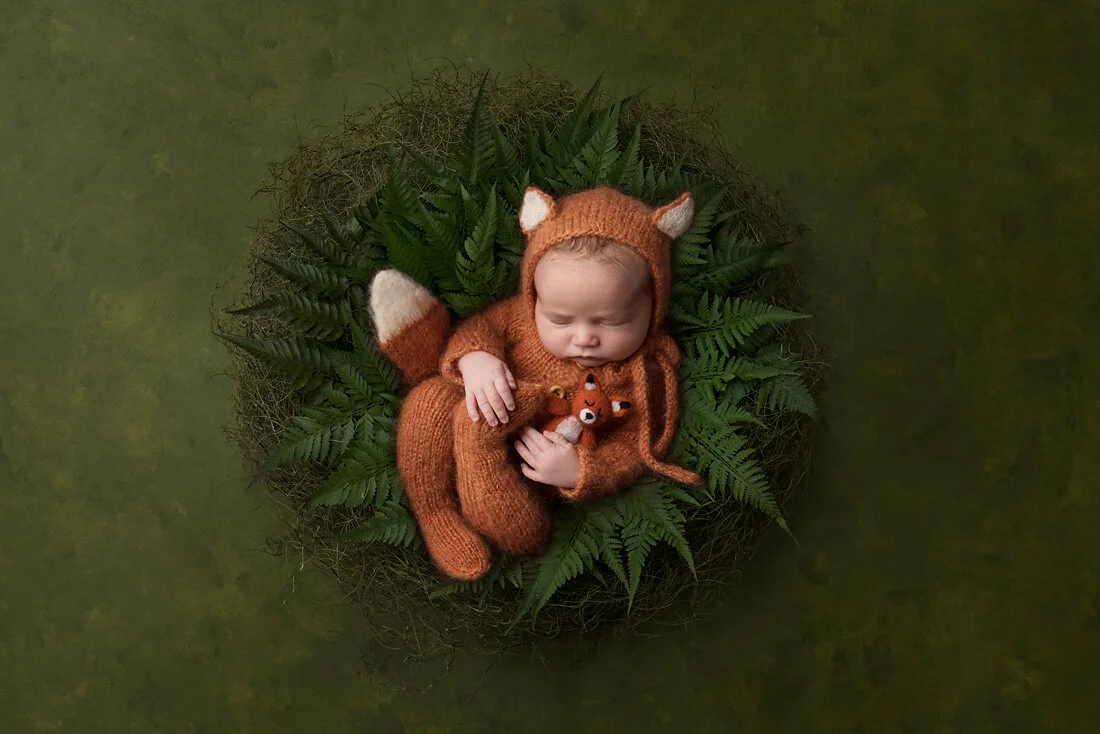 newborn boy in fox outfit