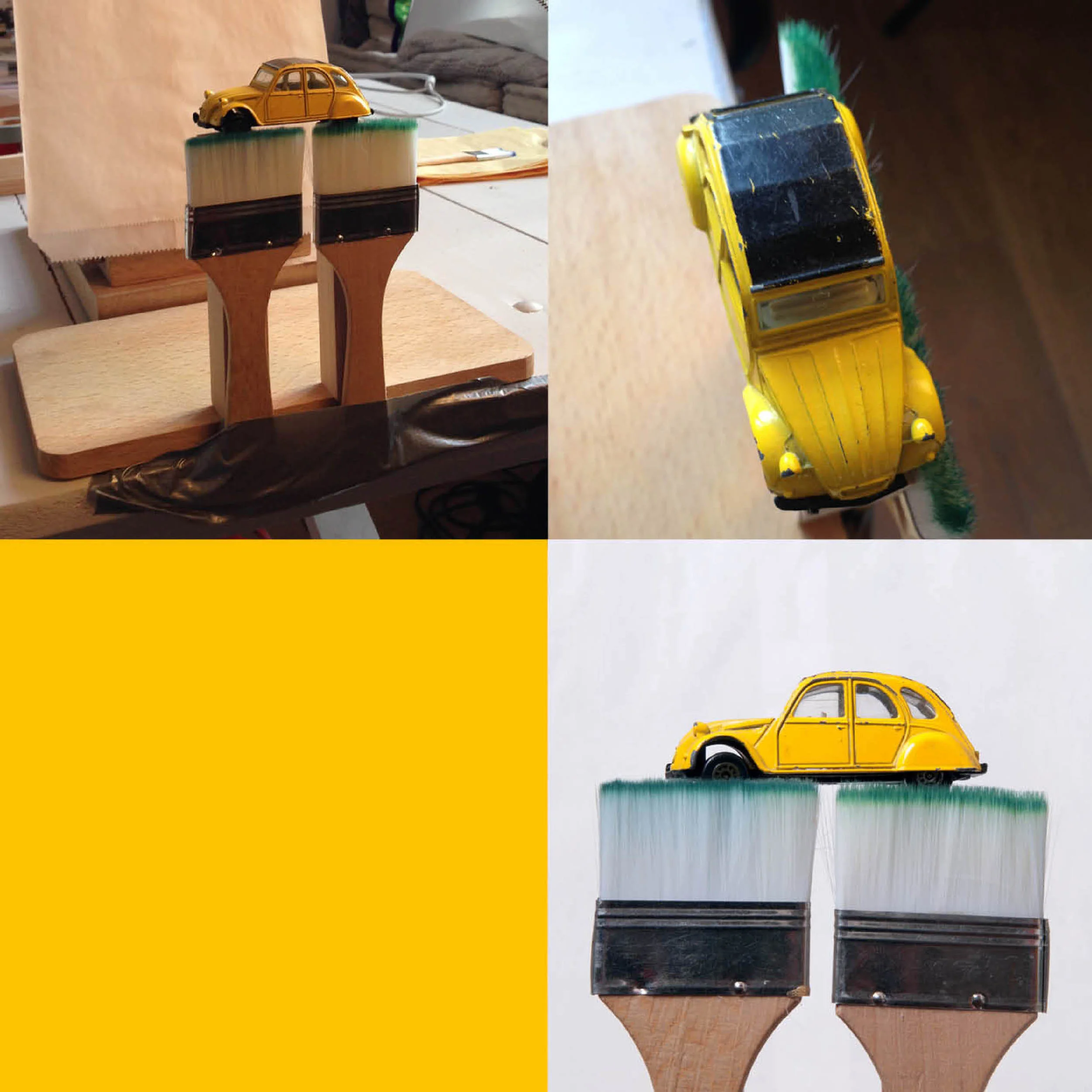 Preparatie met ducktape, houten blokjes, snijplankje, vloeipapier, lampenstandaard en platte kwastjes.