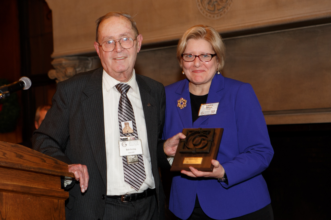 Bob Irving accepting award from Pauline Saliga