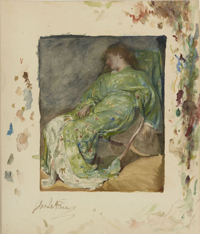 John La Farge, Sleep, 1884-1885, watercolor on paper, 8 in. x 6 1/2 in. (20.32 cm x 16.51 cm), The Lunder Collection, Accession Number: 011.2011, Colby College Museum of Art. This image shows the full sheet with the artist’s brush wipe marks and signature, concealed by the mat when framed.