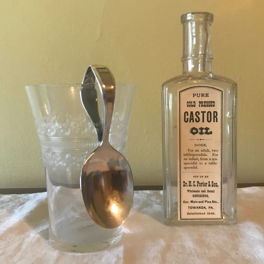 This week&rsquo;s 📸 Photo Friday 📸 recognizes today as National Clean Out Your Medicine Cabinet Day. 

The photo shows a late 19th century medicine bottle in Mattie&rsquo;s bedroom, and a silver medicine spoon clipped to a drinking glass. 

Castor 