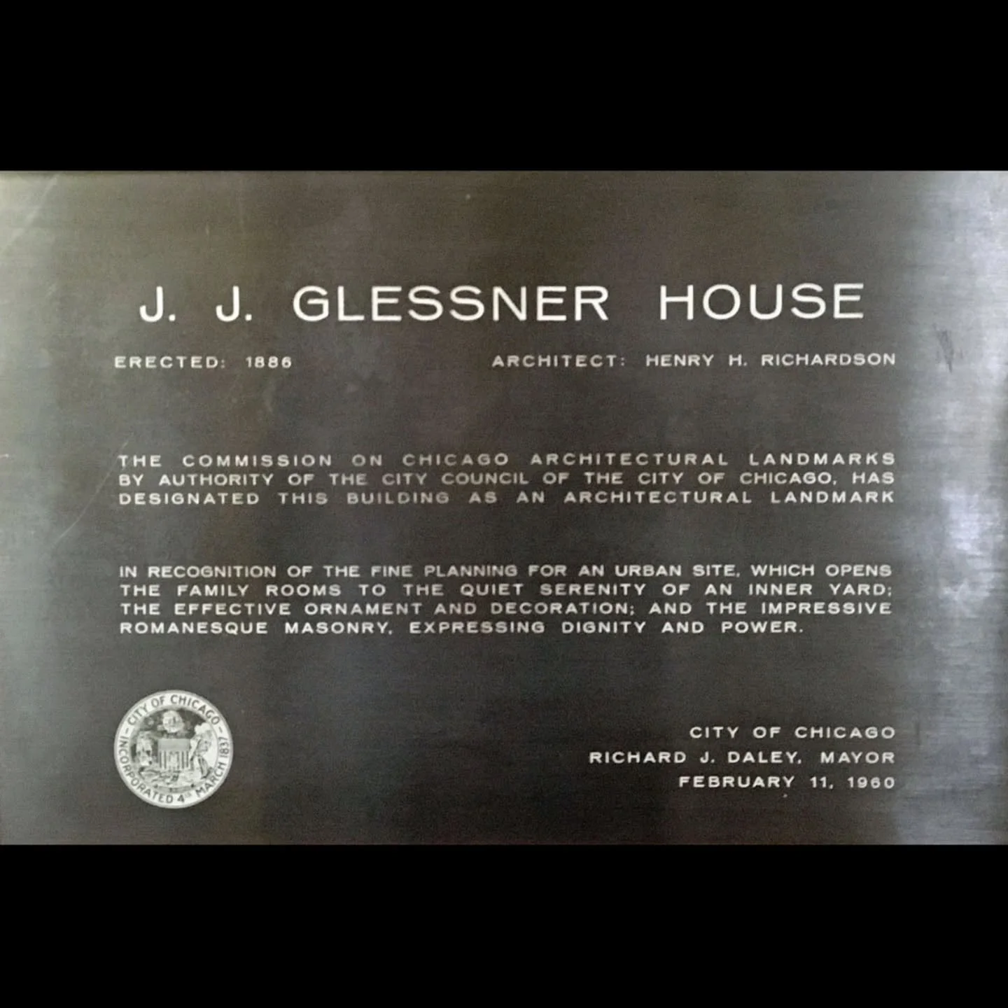On February 11, 1960 &ndash; 66 years ago today &ndash; Glessner House was one of 38 architecturally significant buildings honored as landmarks by the City of Chicago. 

The designation was purely honorary and did nothing to protect the buildings, as