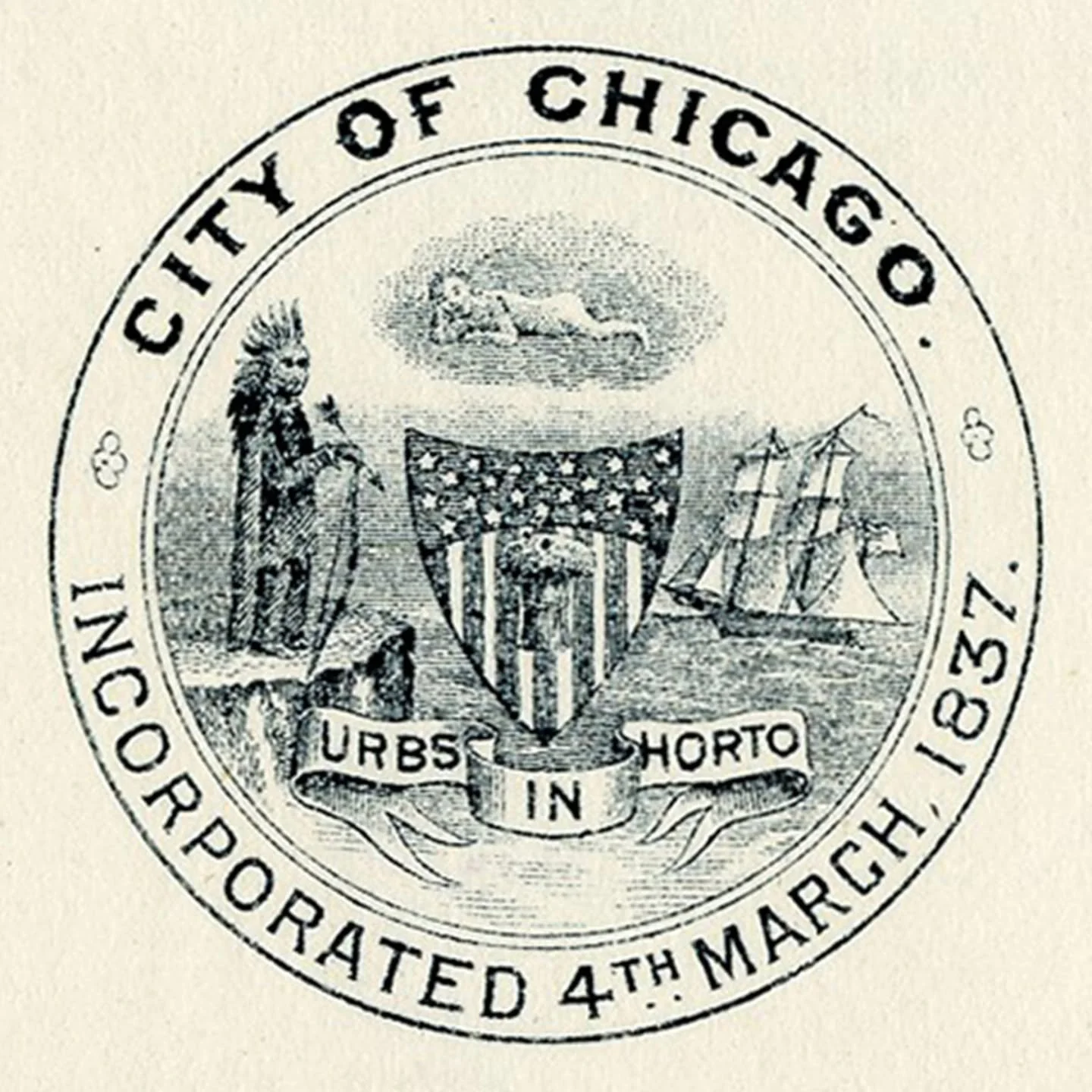 Today is Chicago&rsquo;s 189th birthday! 🎉 The city was incorporated on March 4, 1837, with a population of around 4,000. 

The image shown here depicts the city seal as it appeared in the 1890s, with its familiar motto &ldquo;Urbs in Horto&rdquo; m