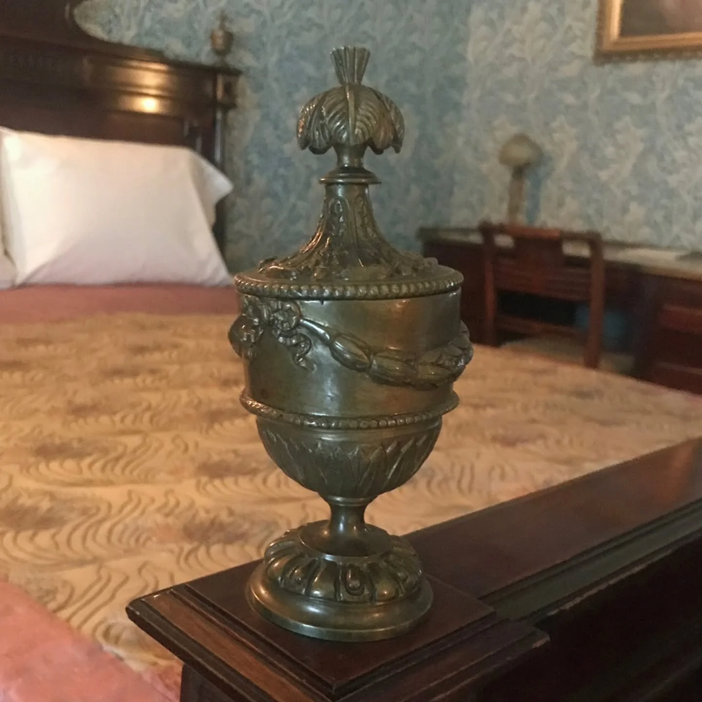 This week&rsquo;s 📸 Photo Friday 📸 shows a brass urn finial on the bed in the parlor guest room. The mahogany bedroom suite, which includes the bed, dresser, desk, and mirror, was purchased by the Glessners during their one and only trip to Europe 