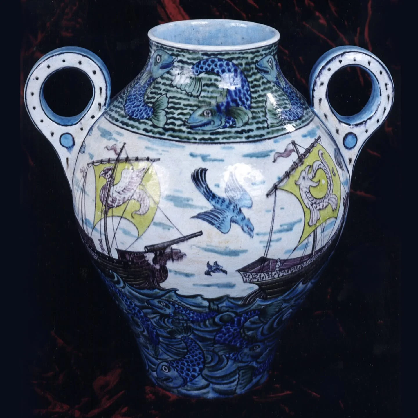 This week&rsquo;s 📸 Photo Friday 📸 shows a spectacular 16-inch-tall vase by William De Morgan, currently on display in the main hall on the cabinet near the front door. 

The vase features medieval galleons and fish executed in De Morgan&rsquo;s &l