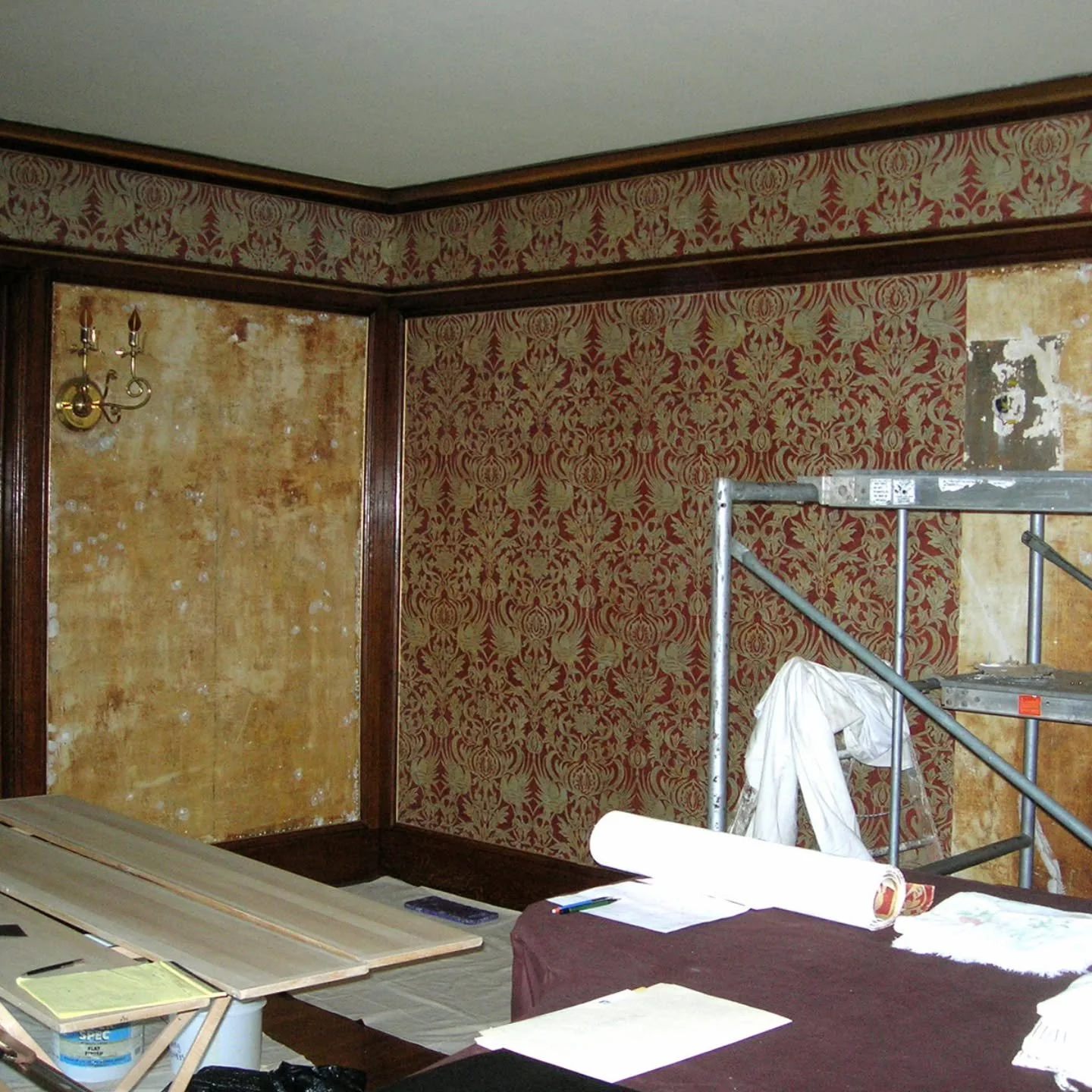 This week&rsquo;s Photo Friday celebrates National Preservation Month with this view of the parlor restoration in 2011. The canvas wallcovering, shown here during installation, was recreated by Grammar of Ornament in Denver, Colorado, using two diffe