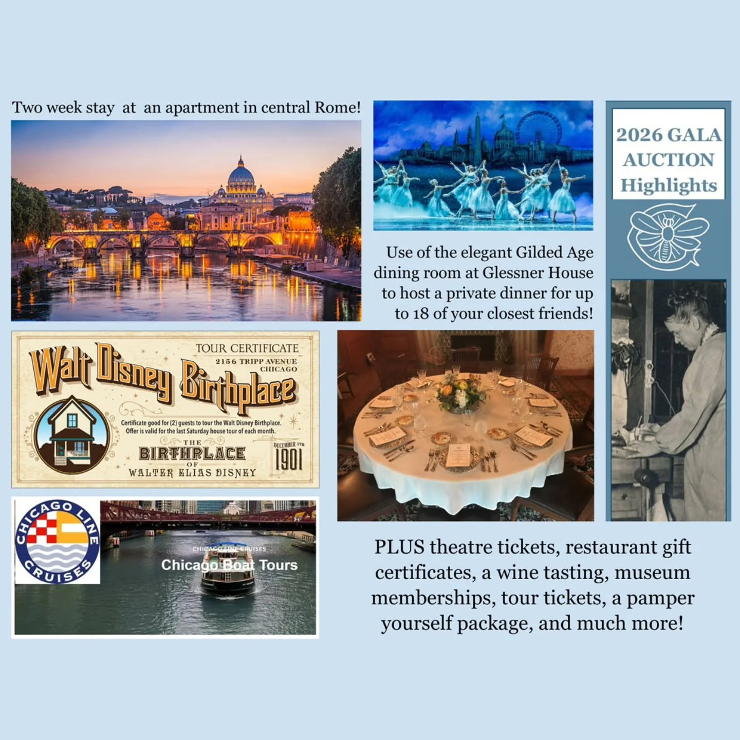 Our annual online auction opens today, June 1, at 9:00am CDT, and will close on Monday, June 8 at 5:00pm CDT. The auction includes 35 items ranging from a two-week Rome vacation to the use of the elegant Glessner House dining room for a private dinne