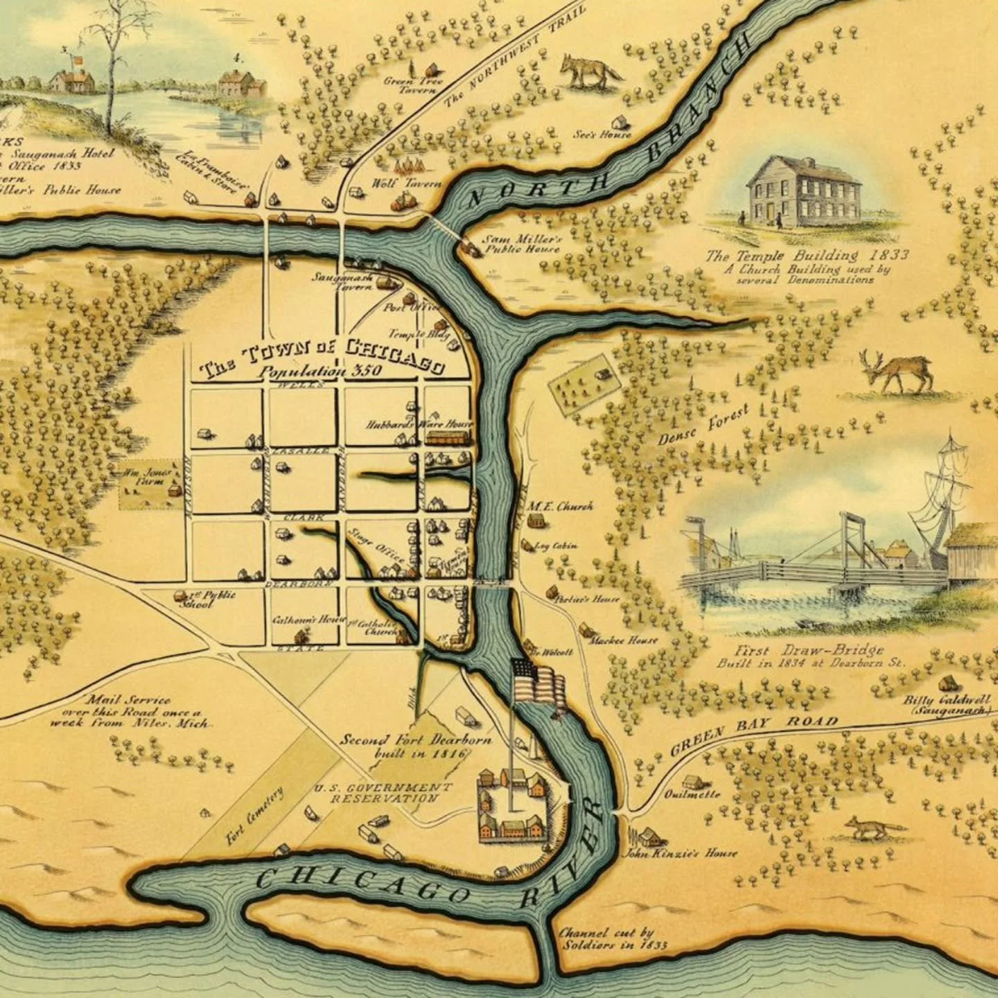 On August 12, 1833, the Town of Chicago was incorporated with a population of 350. The first streets were laid out immediately south of the Chicago River as shown here. The Chippewa, Odawa, and Potawatomi ceded vast amounts of land in present day Ill